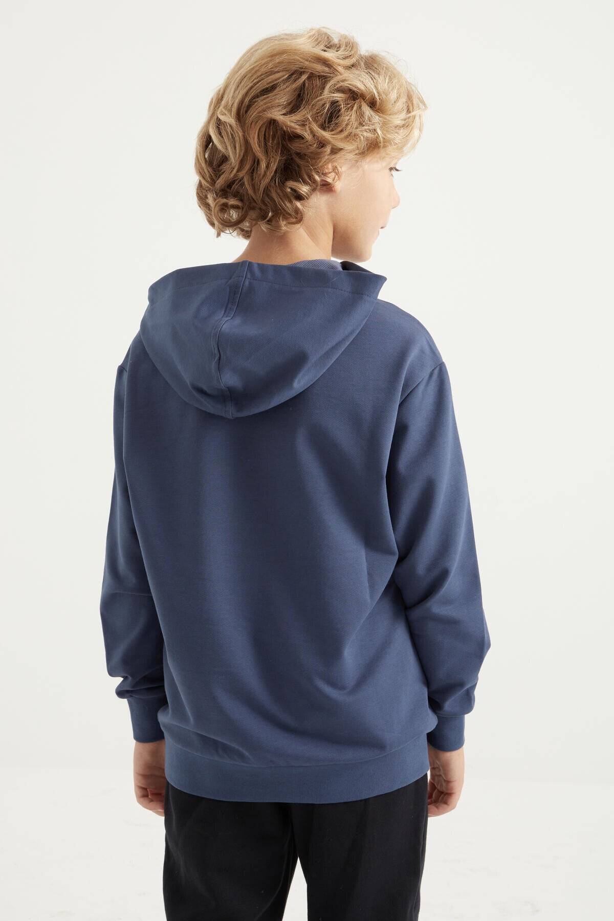 Petrol Yazı Baskılı Kanguru Cepli Kapüşonlu Standart Kalıp Erkek Çocuk Sweatshirt - 11002