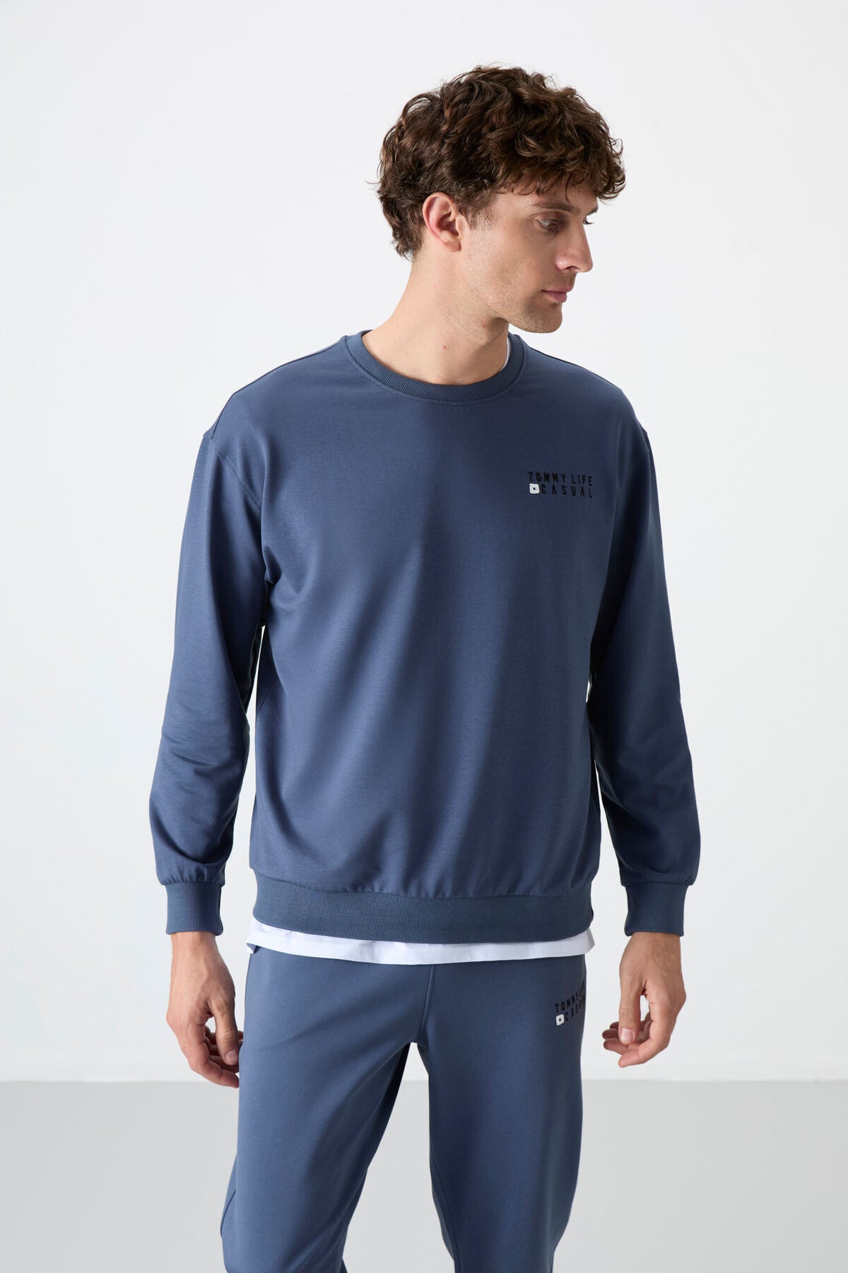 Petrol Casual O Yaka Lastik Paça Pamuklu Erkek Oversize Eşofman Takımı - 85120