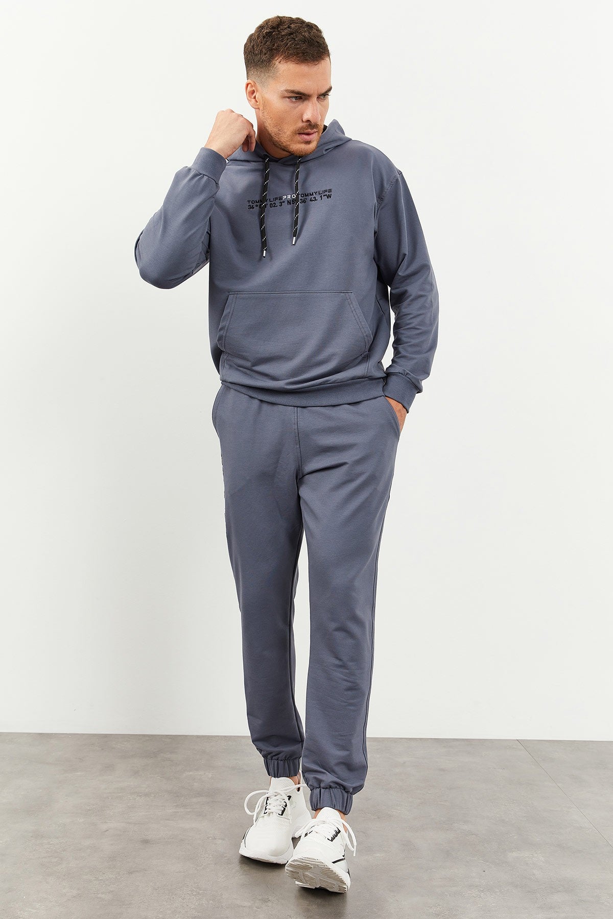 Petrol Kapüşonlu Kanguru Cep Lastik Paça Erkek Oversize Eşofman Takımı - 85117
