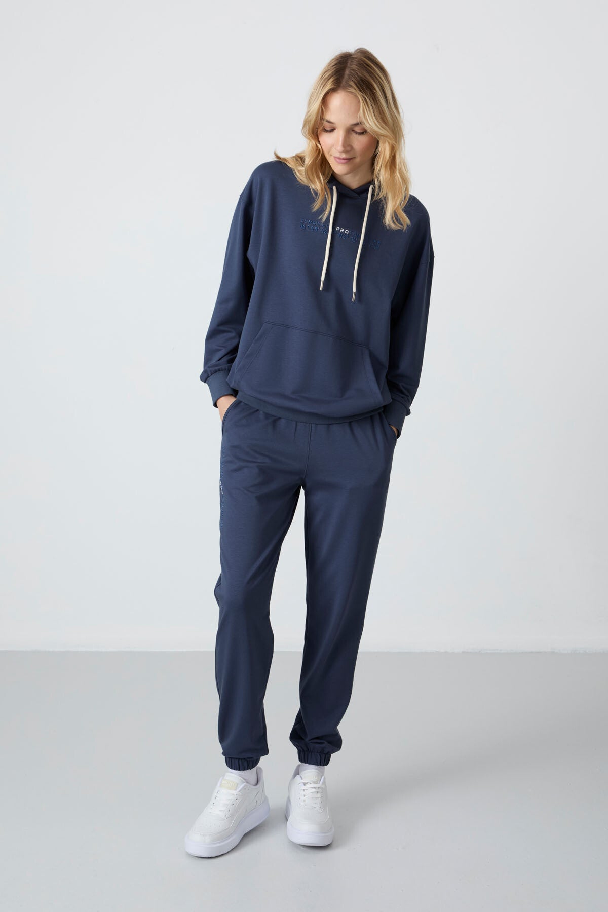 Petrol Kapüşonlu Kanguru Cep Oversize Lastik Paça Kadın Eşofman Takımı - 95288