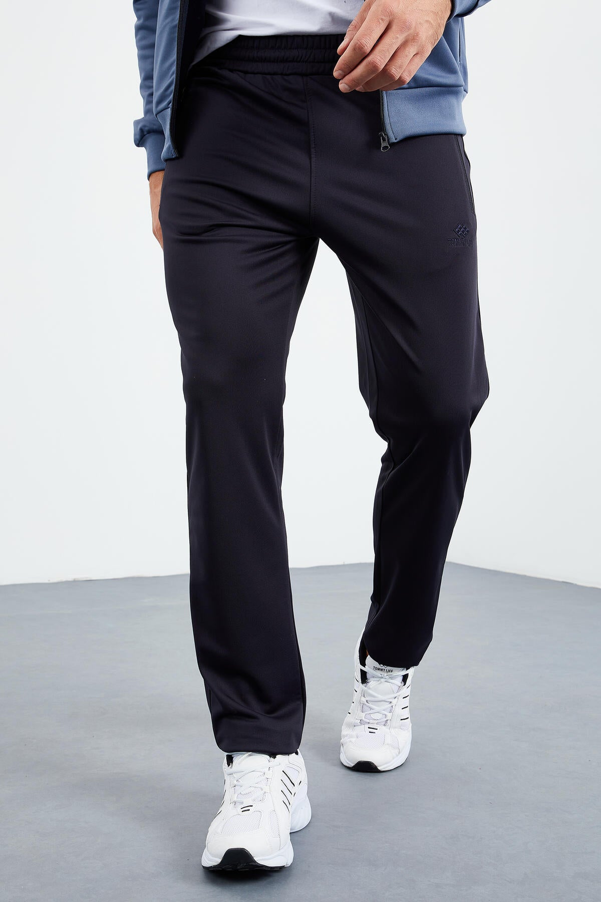 Petrol - Lacivert Dik Yaka Fermuarlı Standart Kalıp Klasik Paça Erkek Eşofman Takımı  - 85162