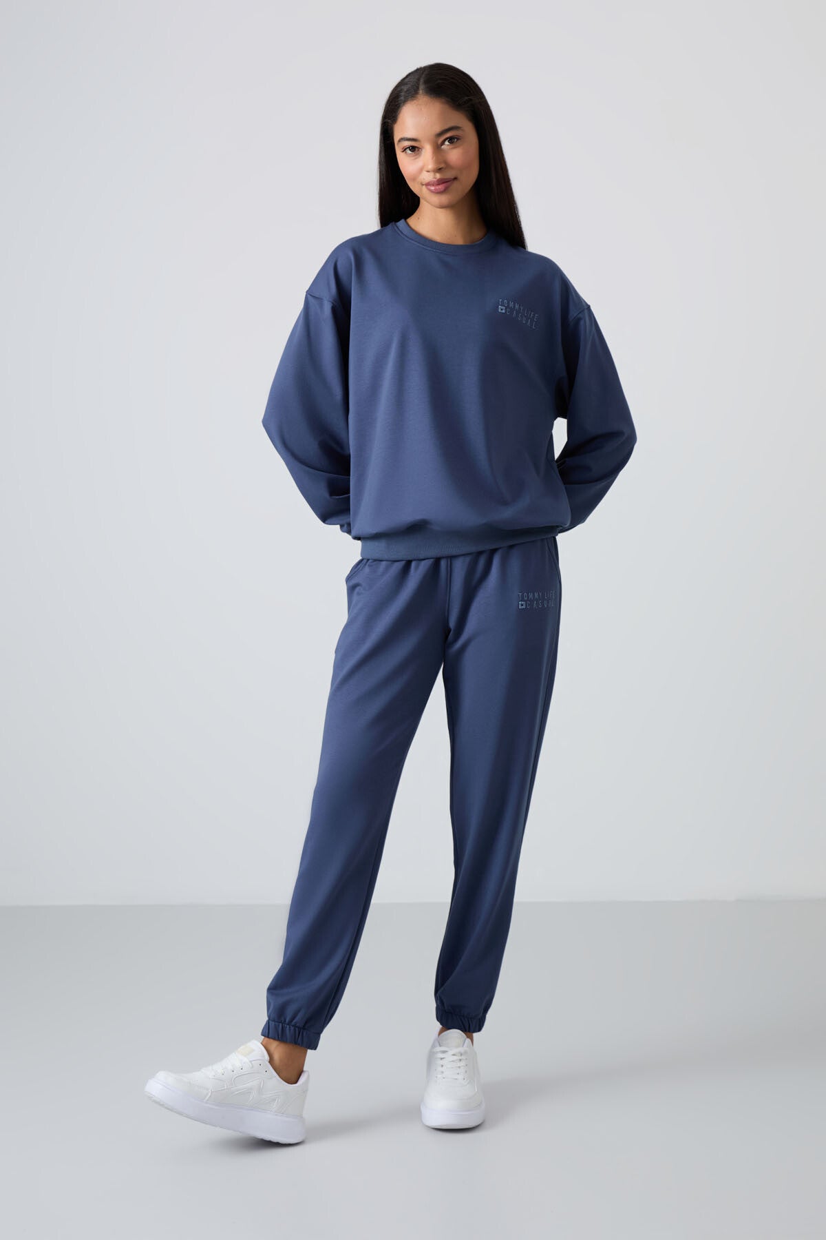 Petrol Basic Pamuklu O Yaka Oversize Lastik Paça Kadın Eşofman Takım - 95287