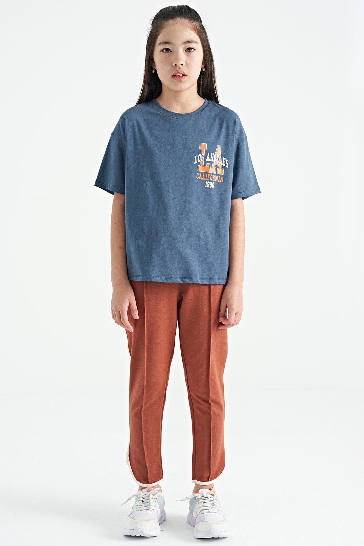 Petrol Ön Arka Baskılı O Yaka Oversize Kısa Kollu Kız Çocuk T-Shirt - 75127