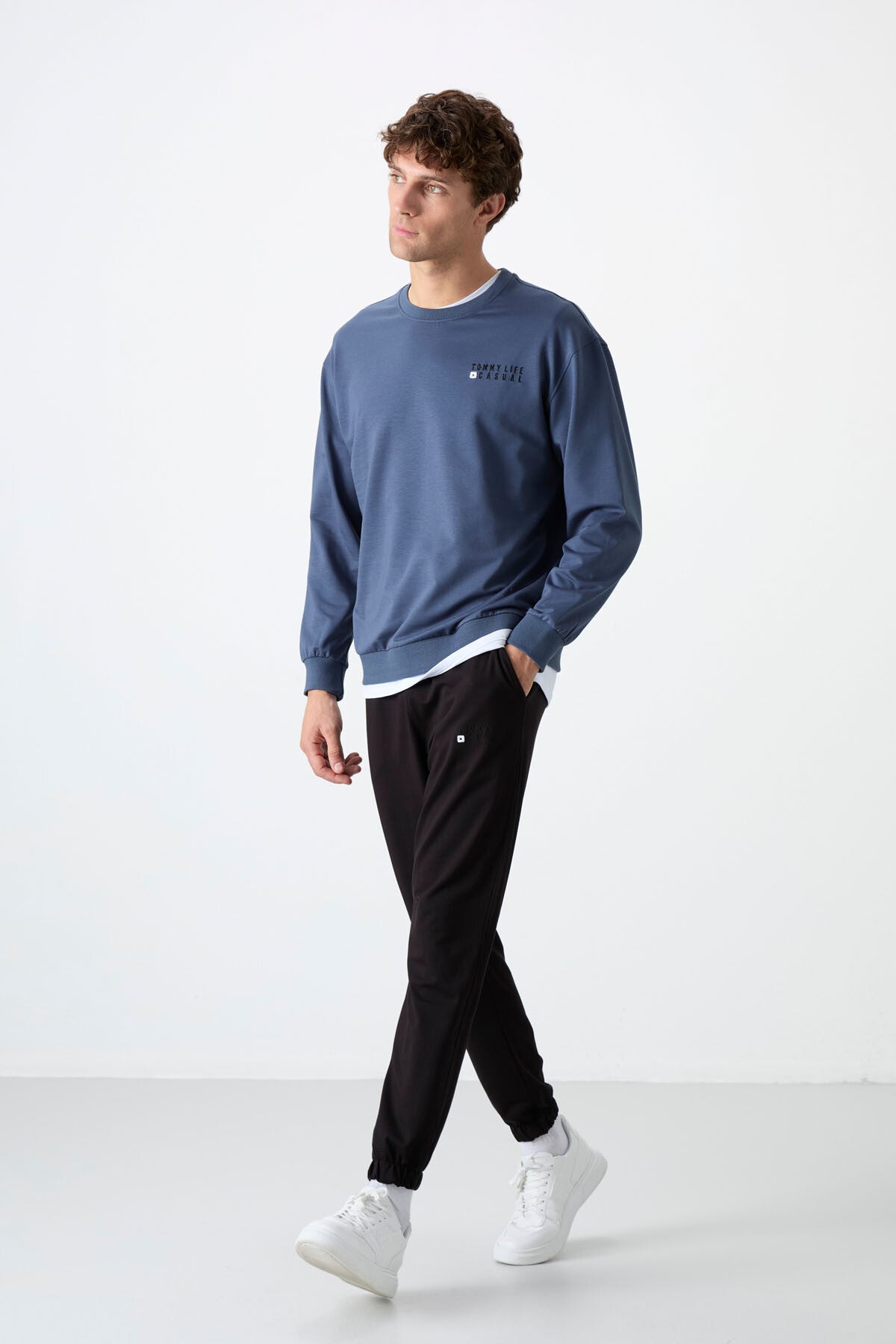 Petrol - Siyah Casual O Yaka Lastik Paça Pamuklu Erkek Oversize Eşofman Takımı - 85120