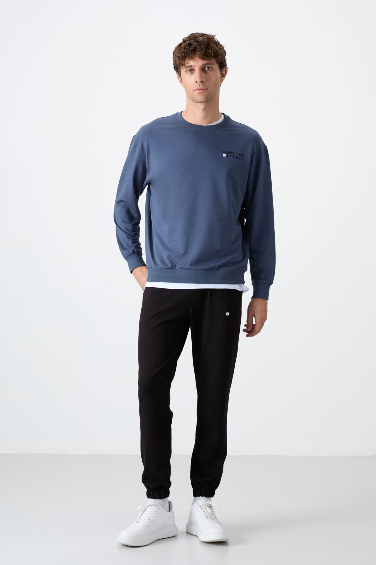 Petrol - Siyah Casual O Yaka Lastik Paça Pamuklu Erkek Oversize Eşofman Takımı - 85120