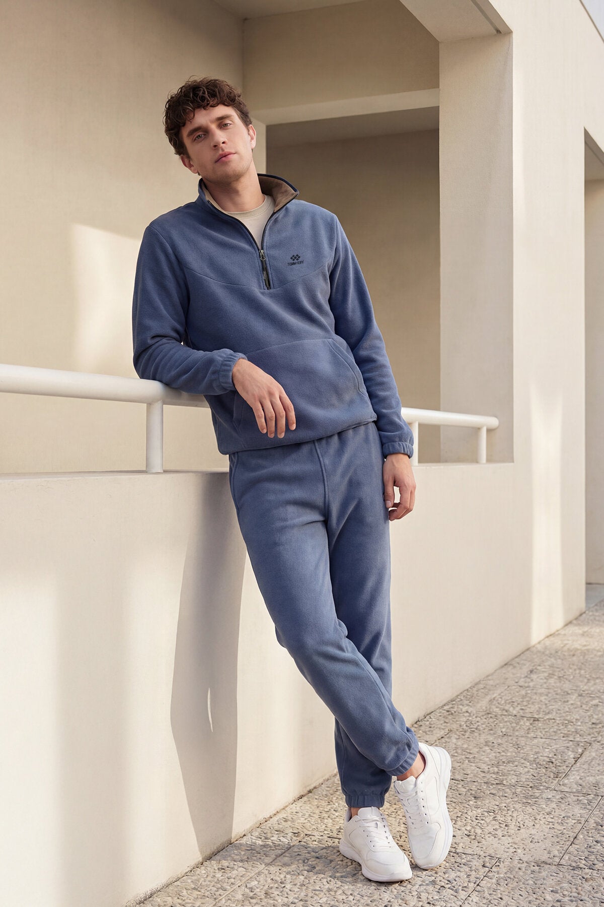 Petrol Yarım Fermuar Dik Yaka Lastik Paça Polar Erkek Eşofman Takımı - 85159