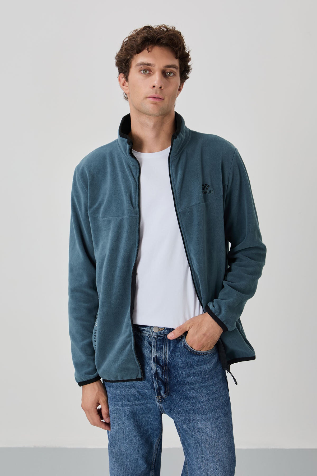 Petrol Yazı Nakışlı Dik Yaka Fermuarlı Standart Kalıp Erkek Sweatshirt Polar - 87992
