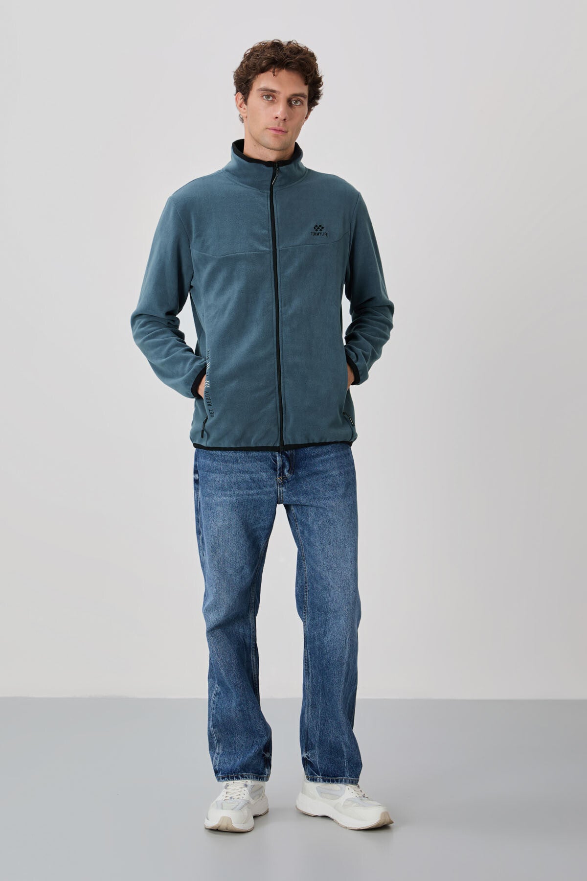 Petrol Yazı Nakışlı Dik Yaka Fermuarlı Standart Kalıp Erkek Sweatshirt Polar - 87992