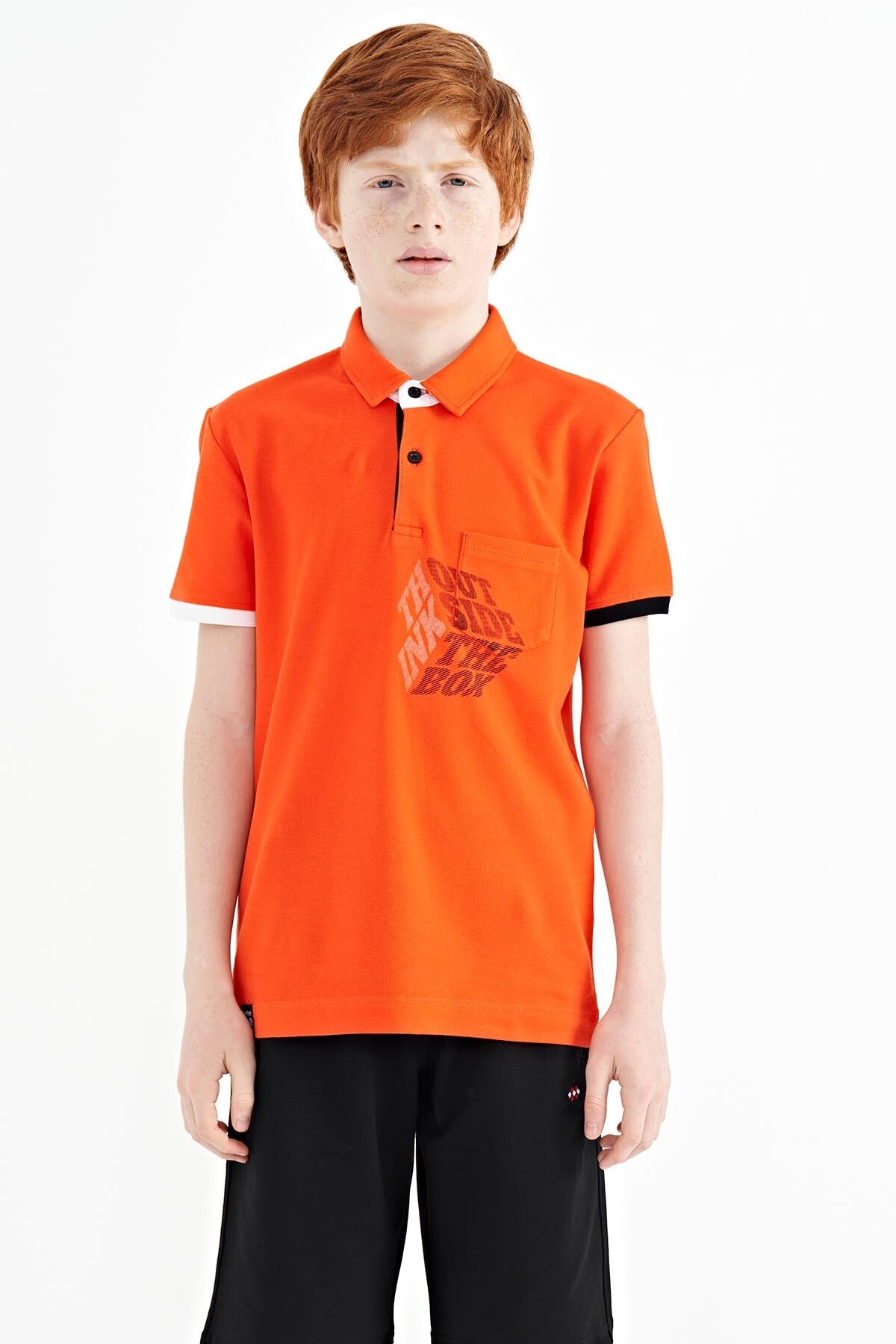 Portakal Ön Cep Detaylı Baskılı Standart Kalıp Polo Yaka Erkek Çocuk T-Shirt - 11102