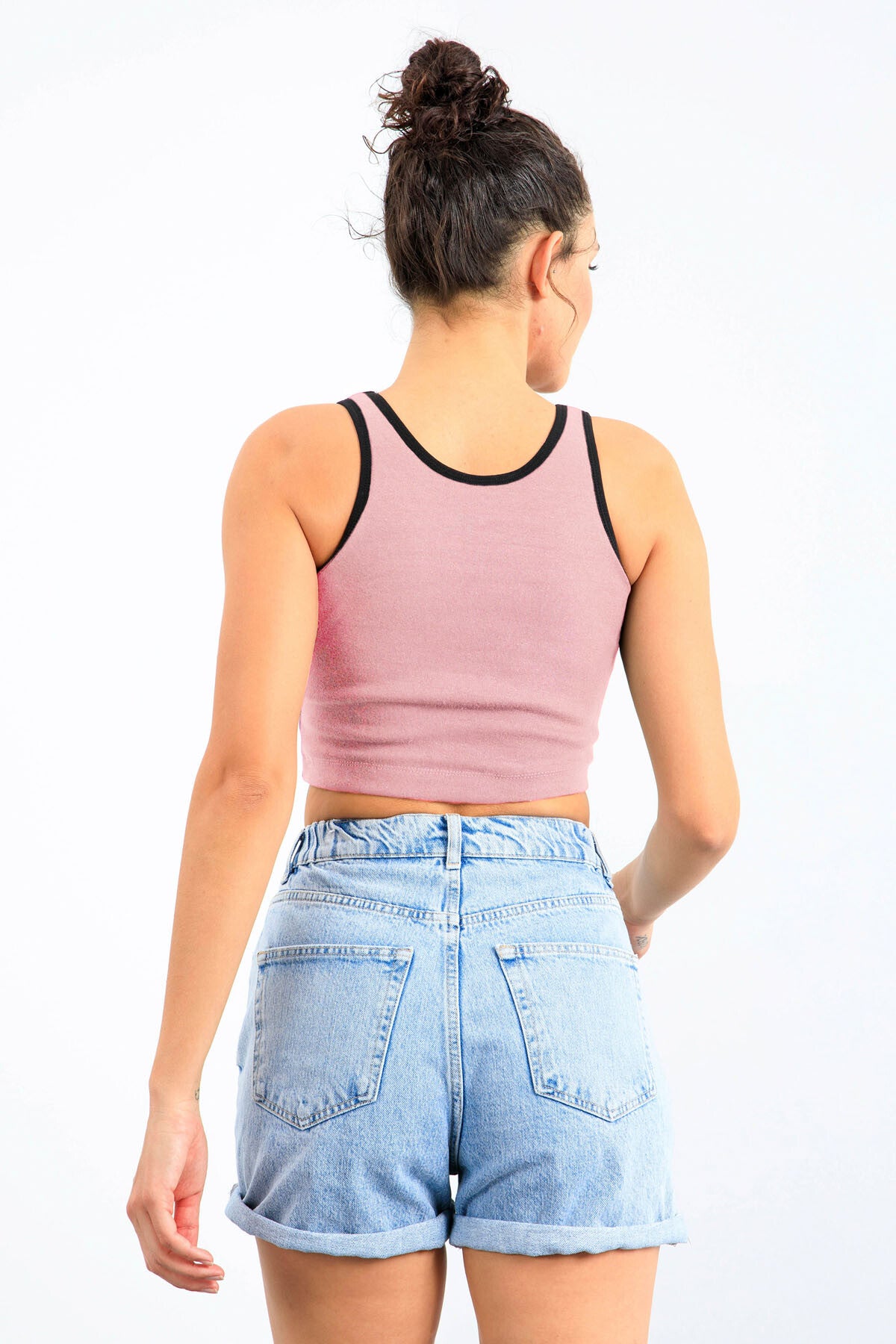 Pudra Basic Sıfır Kol Dar Kalıp U Yaka Kadın Crop Top Atlet - 97162