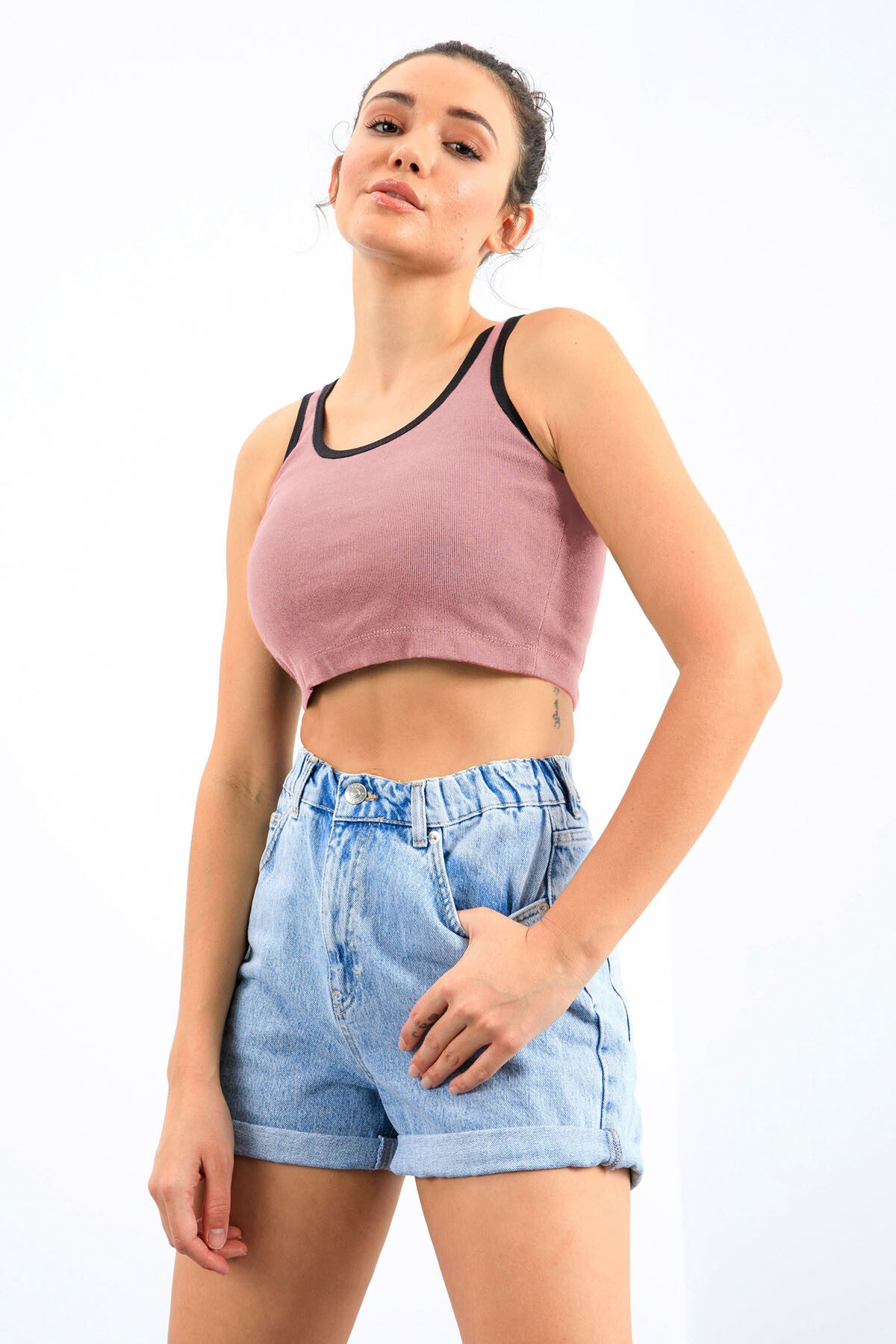 Pudra Basic Sıfır Kol Dar Kalıp U Yaka Kadın Crop Top Atlet - 97162