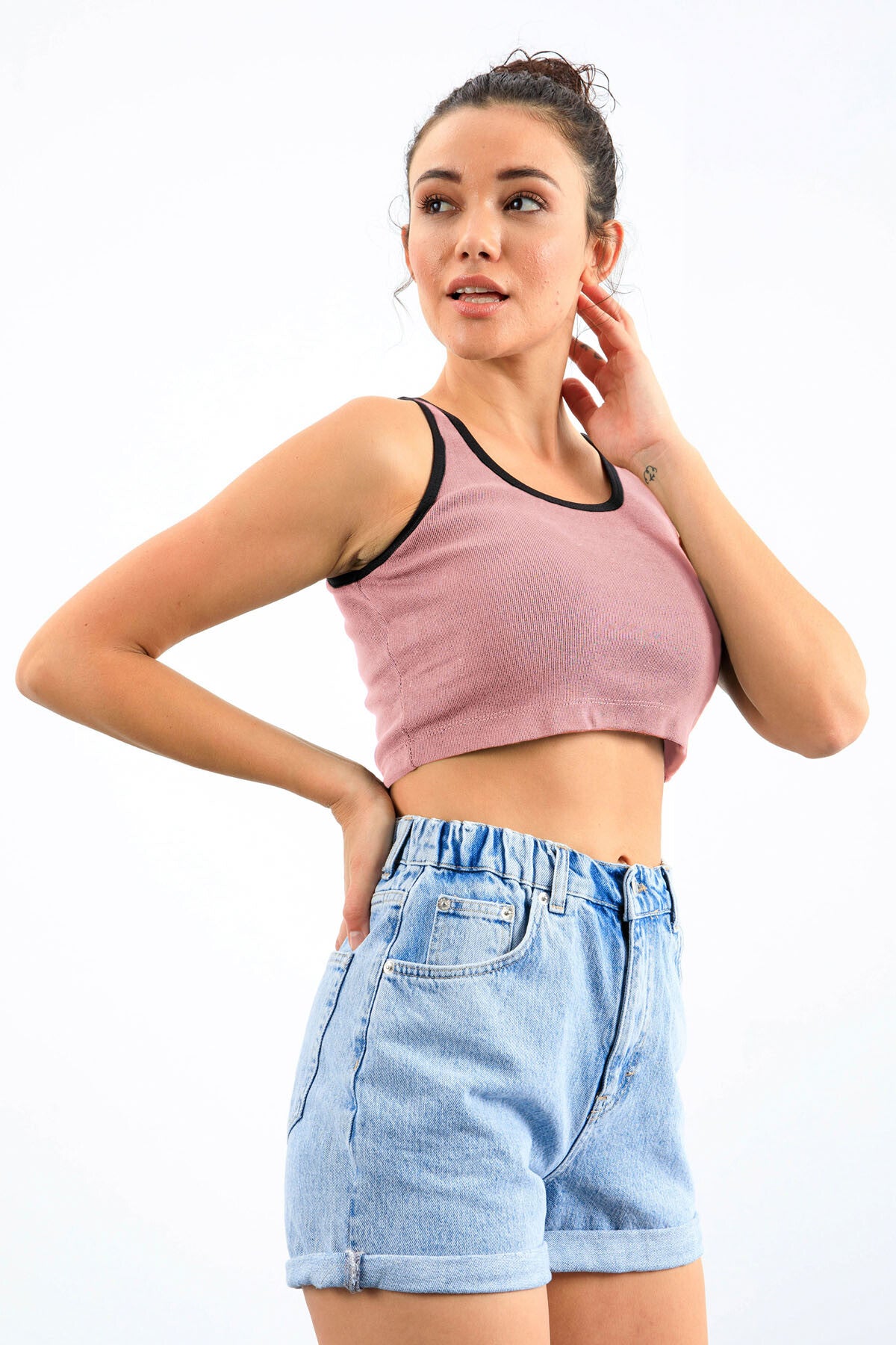 Pudra Basic Sıfır Kol Dar Kalıp U Yaka Kadın Crop Top Atlet - 97162