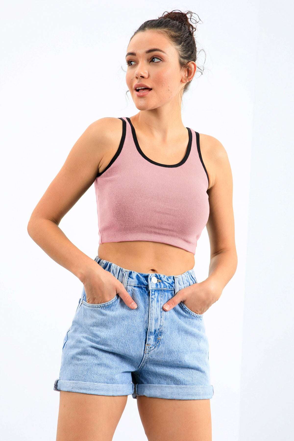 Pudra Basic Sıfır Kol Dar Kalıp U Yaka Kadın Crop Top Atlet - 97162