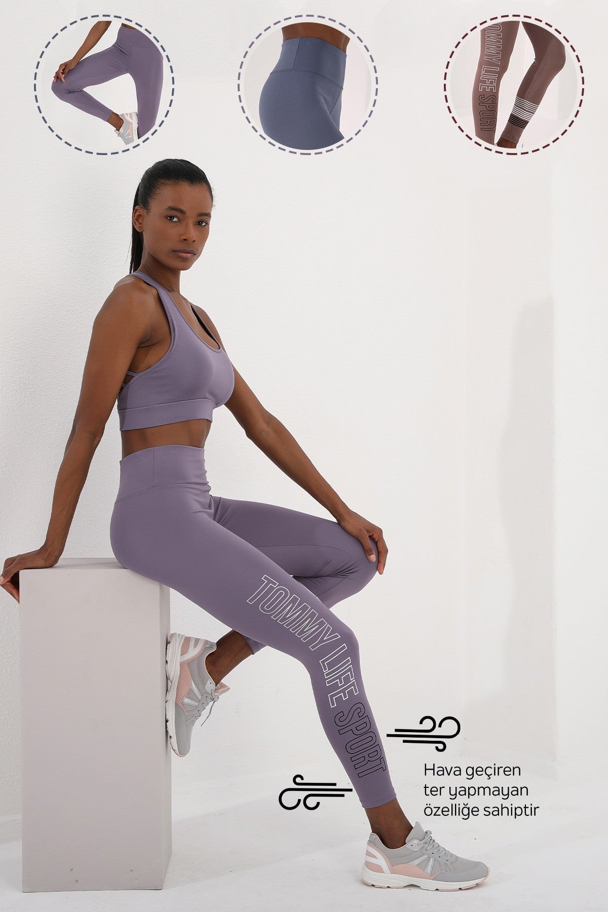 Pudra Yüksek Bel Yazı Baskılı Slim Fit Dar Paça Kadın Tayt - 94544