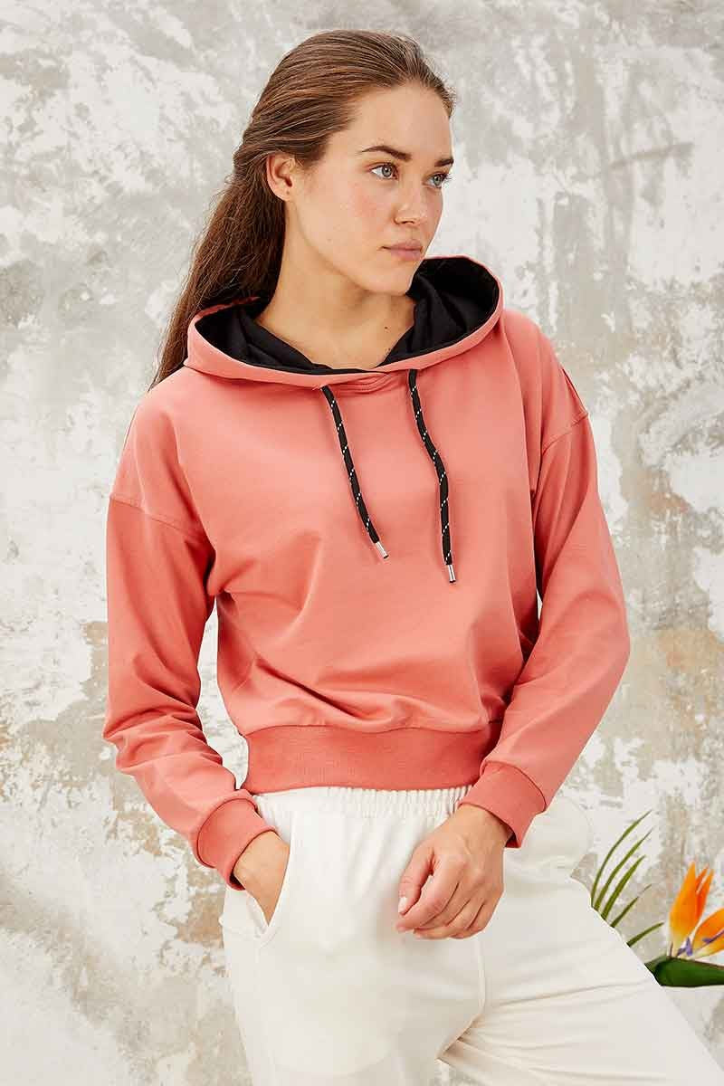 Pudra Uzun Kol Rahat Form Kapüşonlu Kadın Sweatshirt - 97115