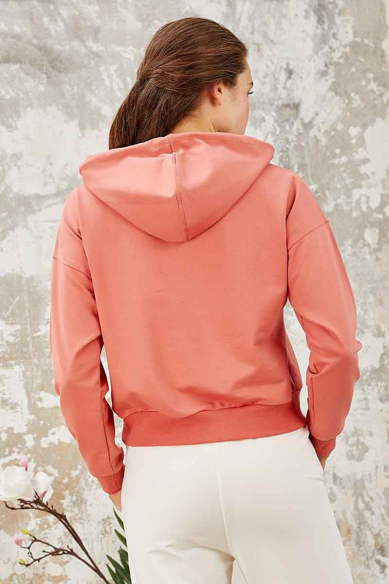 Pudra Uzun Kol Rahat Form Kapüşonlu Kadın Sweatshirt - 97115