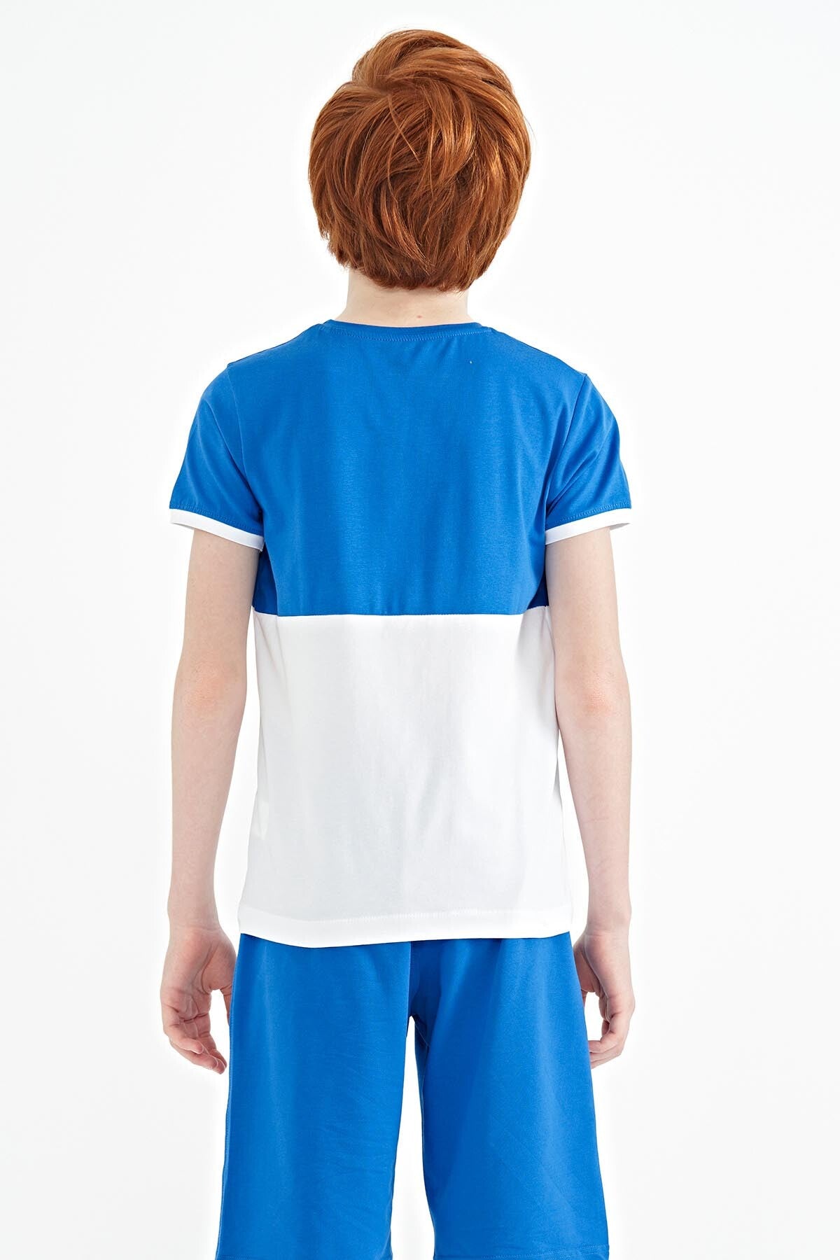 Saks Baskı Detaylı Renk Bloklu Standart Kalıp O Yaka Erkek Çocuk T-Shirt - 11107