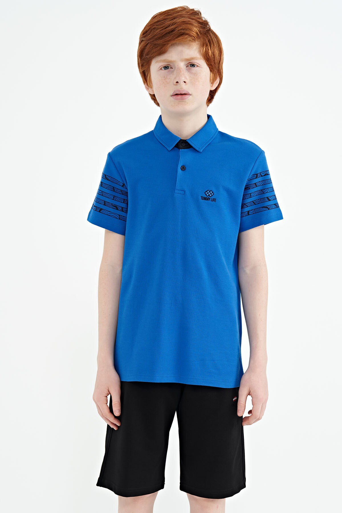 Saks Kol Baskı Detaylı Standart Kalıp Polo Yaka Erkek Çocuk T-Shirt - 11093
