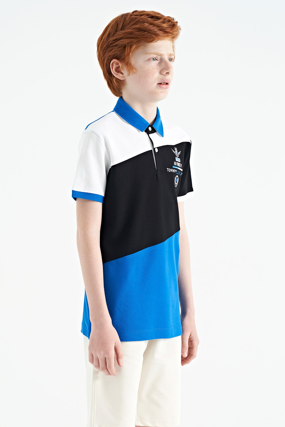Saks Renk Bloklu Nakış Detaylı Standart Kalıp Polo Yaka Erkek Çocuk T-Shirt - 11088