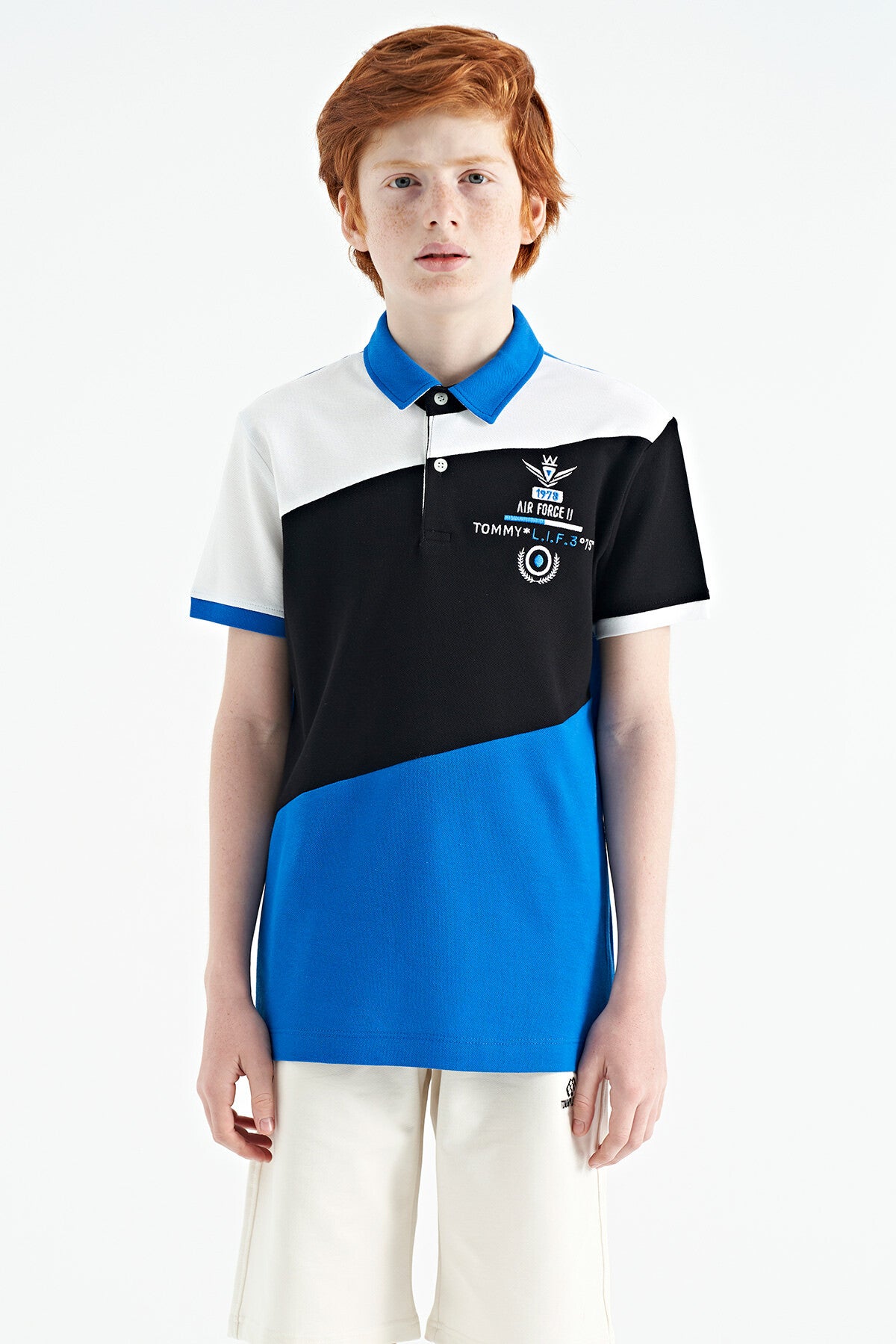 Saks Renk Bloklu Nakış Detaylı Standart Kalıp Polo Yaka Erkek Çocuk T-Shirt - 11088