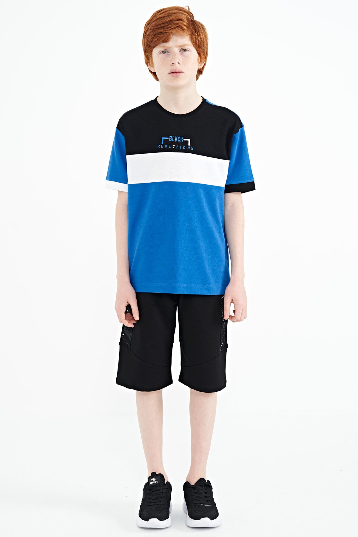 Saks Renk Geçişli Nakışlı Oversize Erkek Çocuk T-Shirt - 11159