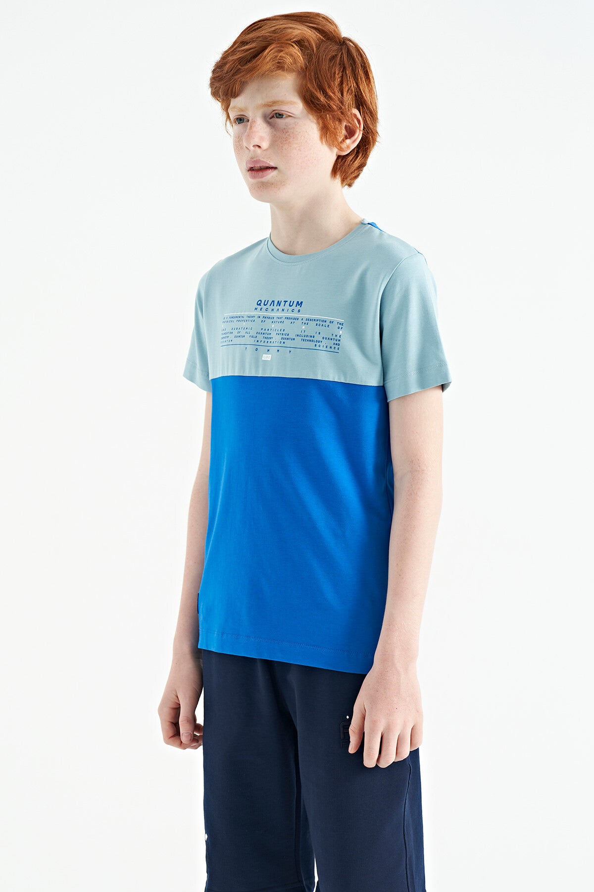 Saks Yazı Baskılı Renk Bloklu Standart Kalıp O Yaka Erkek Çocuk T-Shirt - 11134