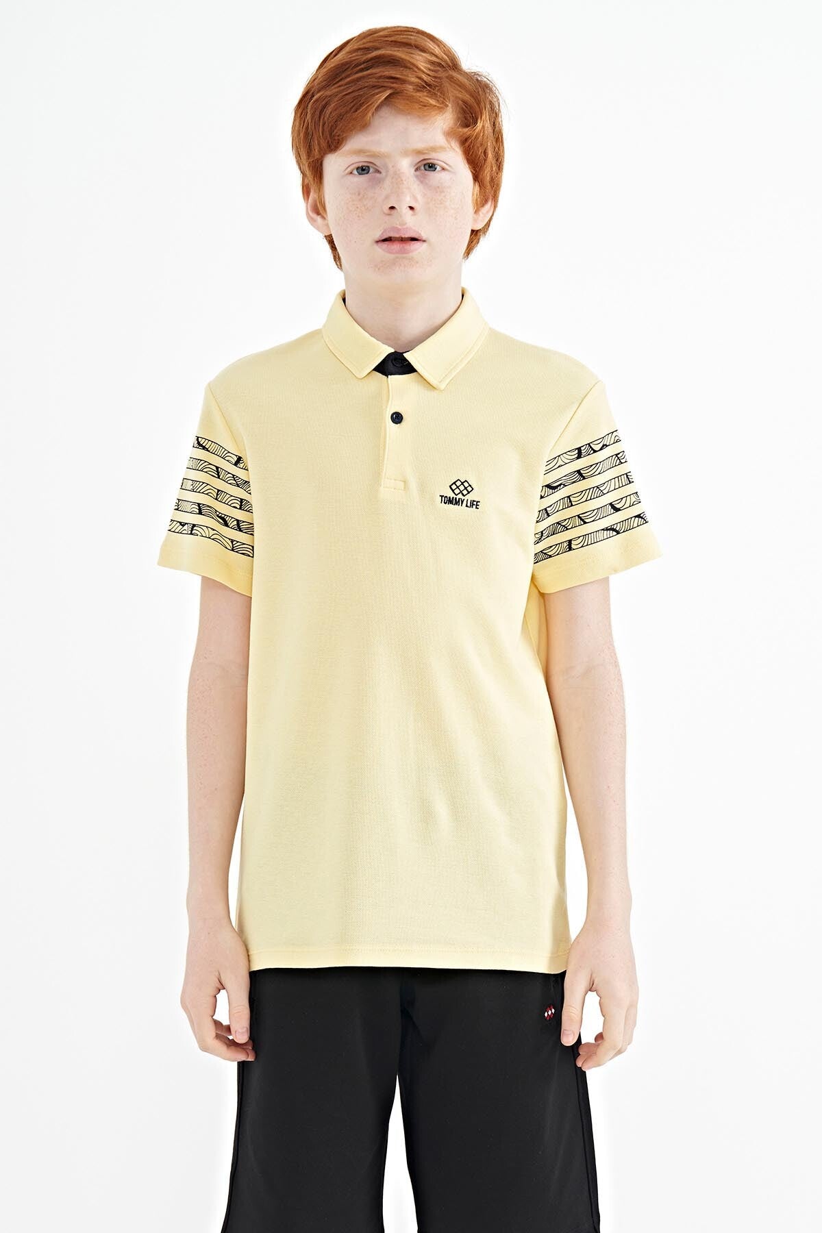 Sarı Kol Baskı Detaylı Standart Kalıp Polo Yaka Erkek Çocuk T-Shirt - 11093