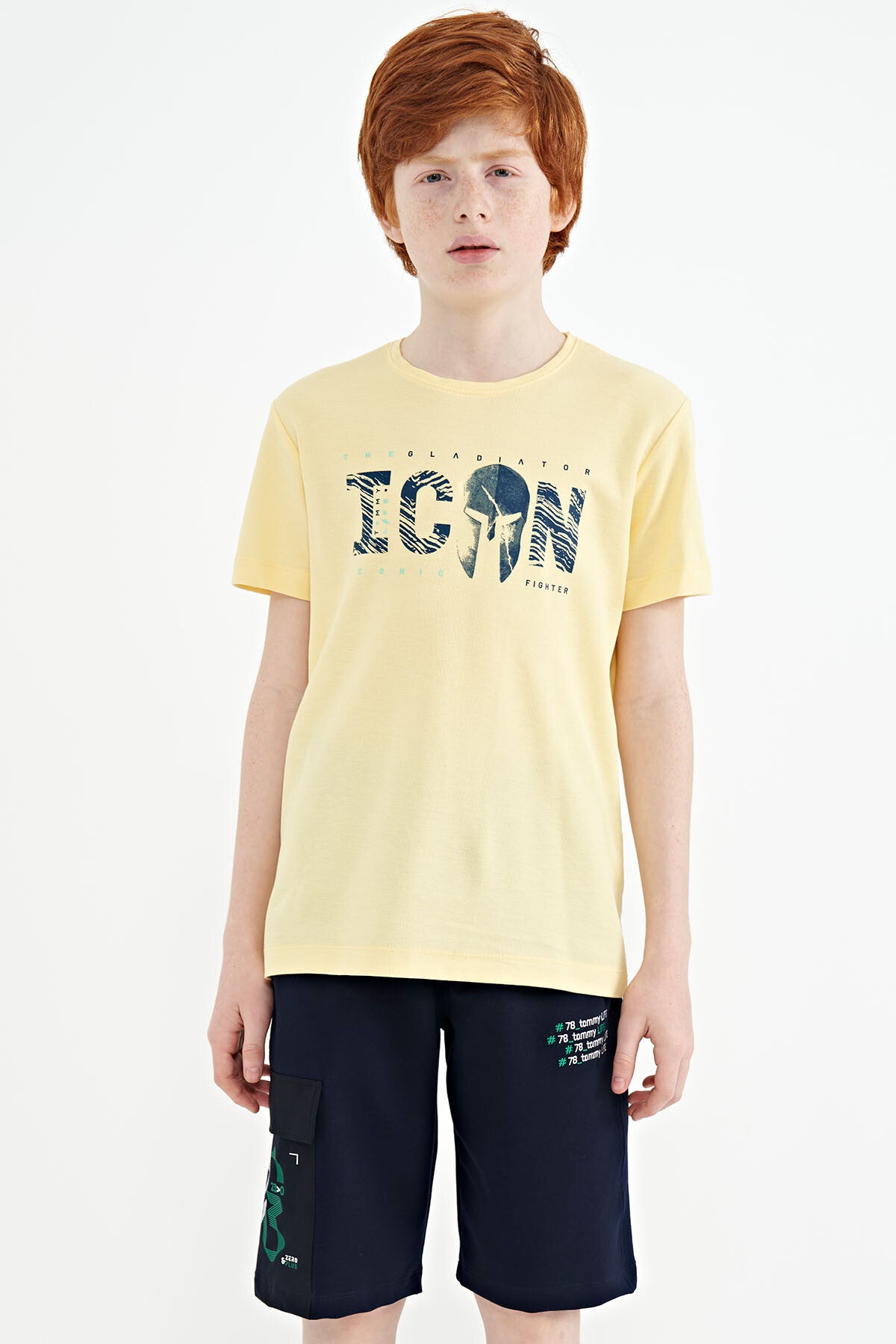 Sarı Ön Yazı Nakışlı O Yaka Standart Kalıp Erkek  Çocuk T-Shirt - 11118