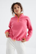 Candy Pink Half-Zip Hem Drawstring Stand Collar Oversize Women's Fleece Sweatshirt - 97234