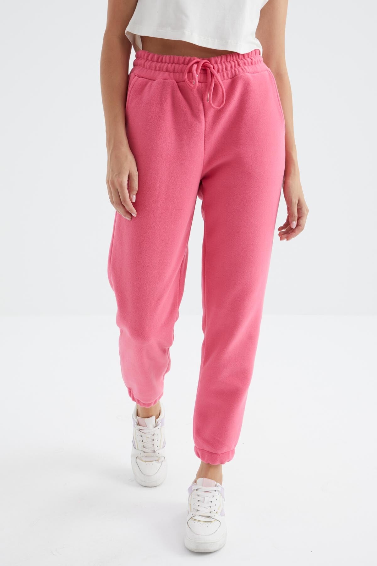 Şeker Pembe Yüksek Bel Basic Bağcıklı Jogger Polar Kadın Eşofman Alt - 94622