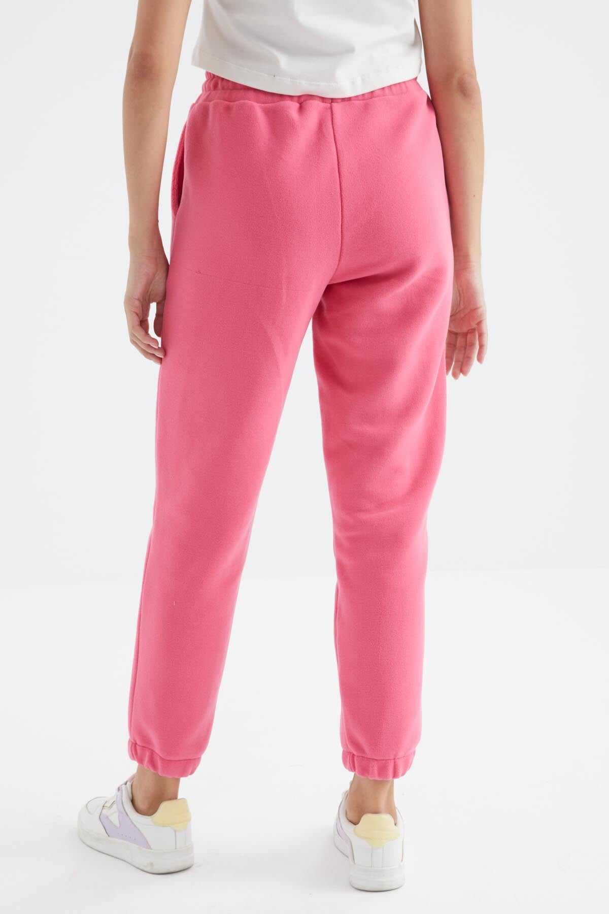 Şeker Pembe Yüksek Bel Basic Bağcıklı Jogger Polar Kadın Eşofman Alt - 94622