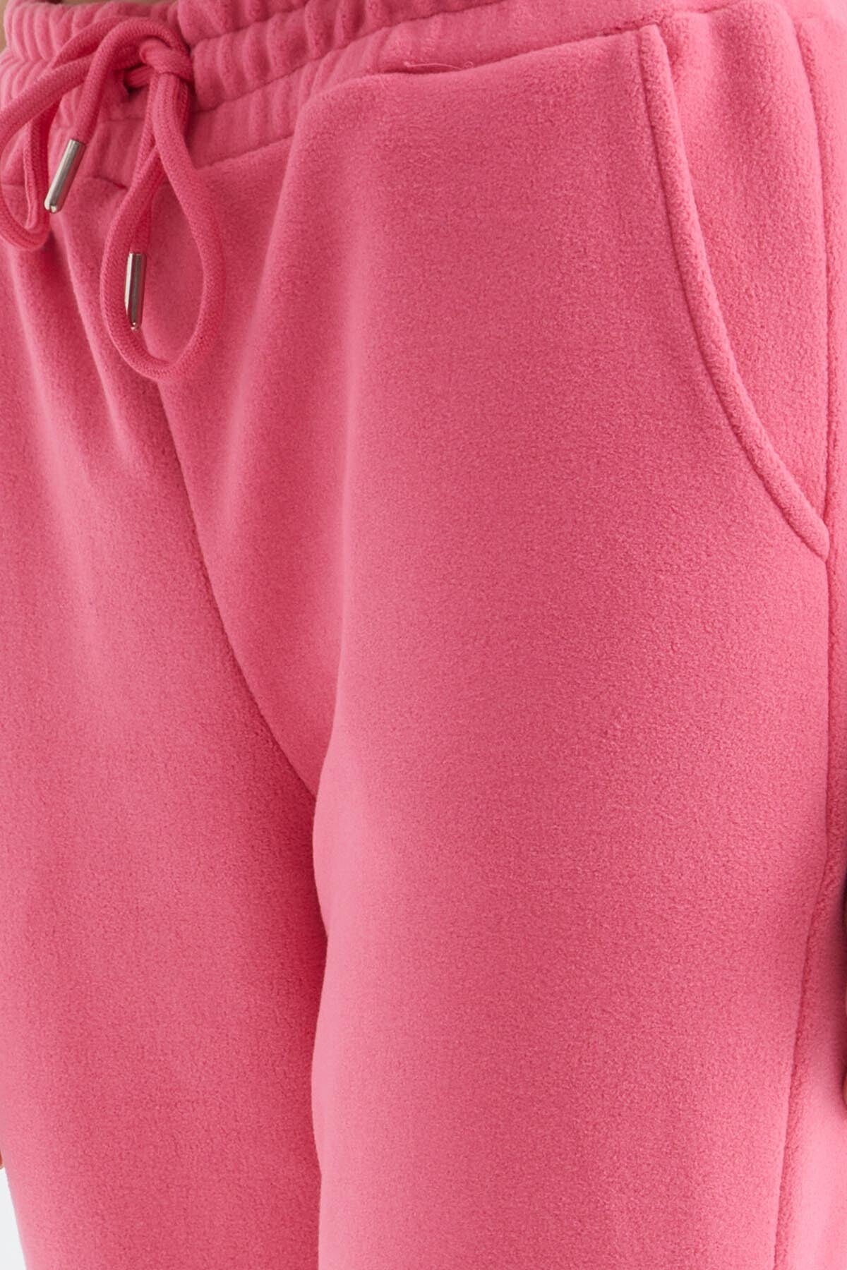 Şeker Pembe Yüksek Bel Basic Bağcıklı Jogger Polar Kadın Eşofman Alt - 94622