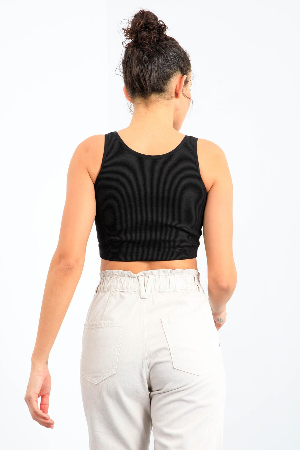 Siyah Basic Sıfır Kol Dar Kalıp U Yaka Kadın Crop Top Atlet - 97160