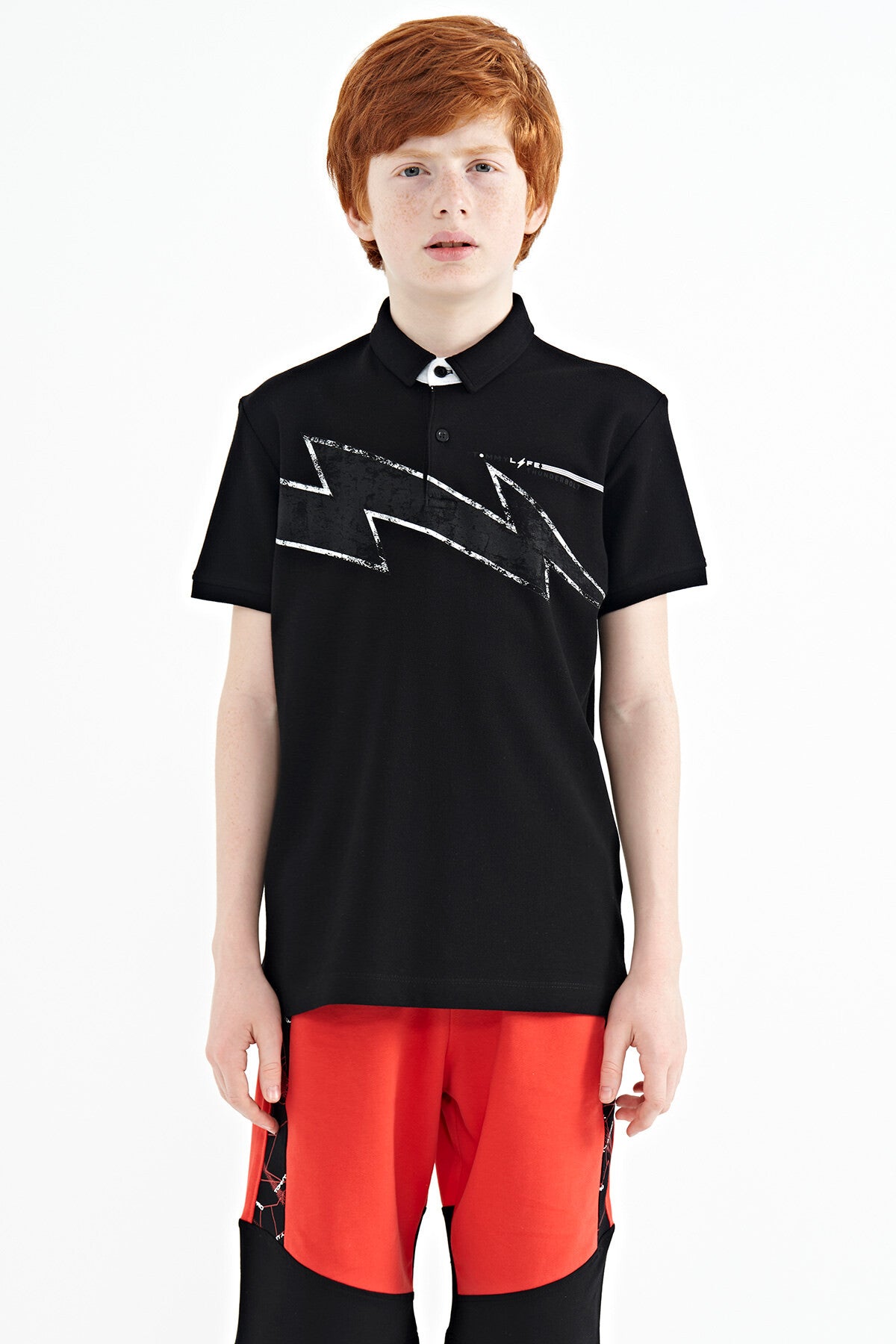 Siyah Baskı Detaylı Standart Kalıp Polo Yaka Erkek Çocuk T-Shirt - 11154