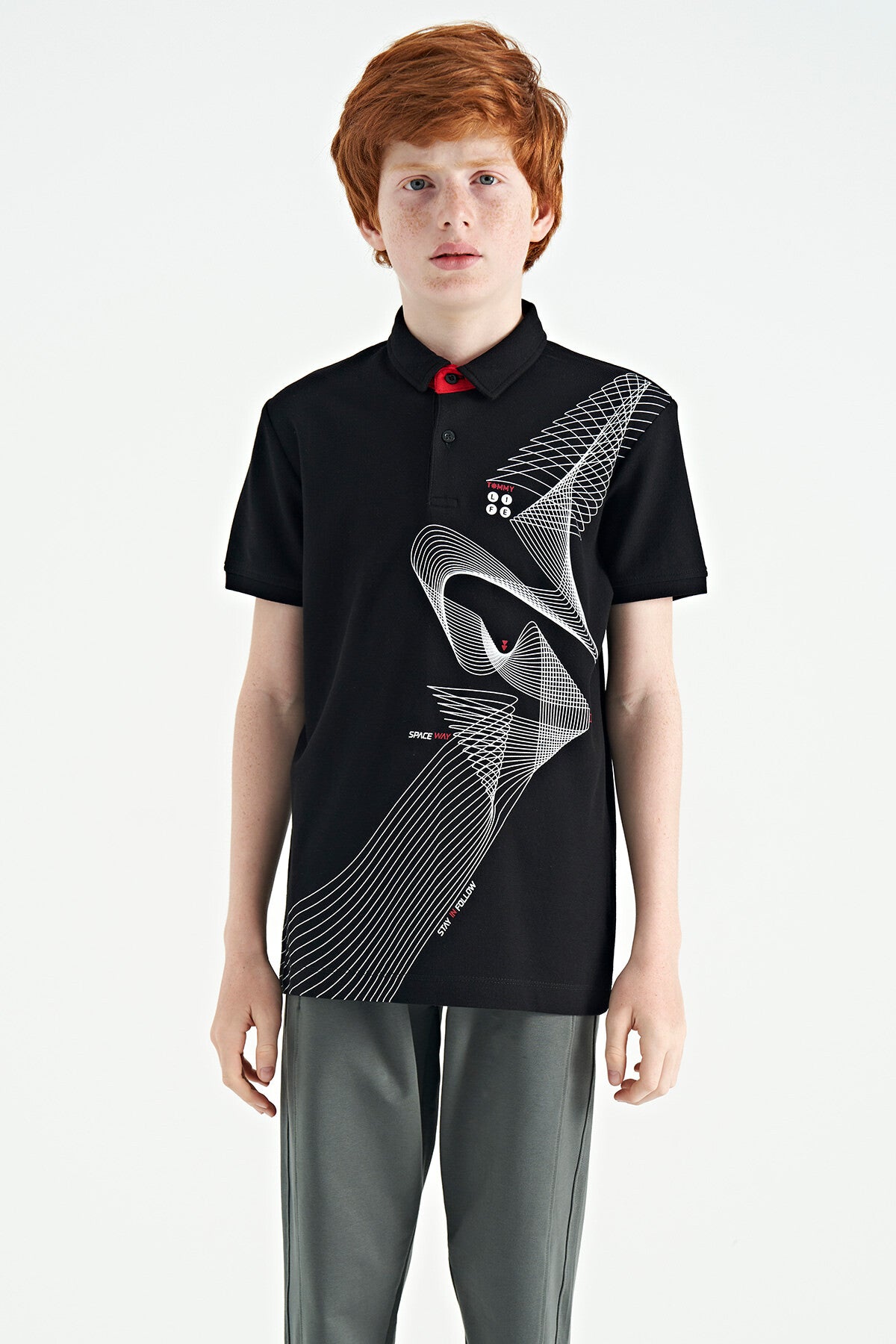 Siyah Baskı Detaylı Standart Kalıp Polo Yaka Erkek Çocuk T-Shirt - 11164