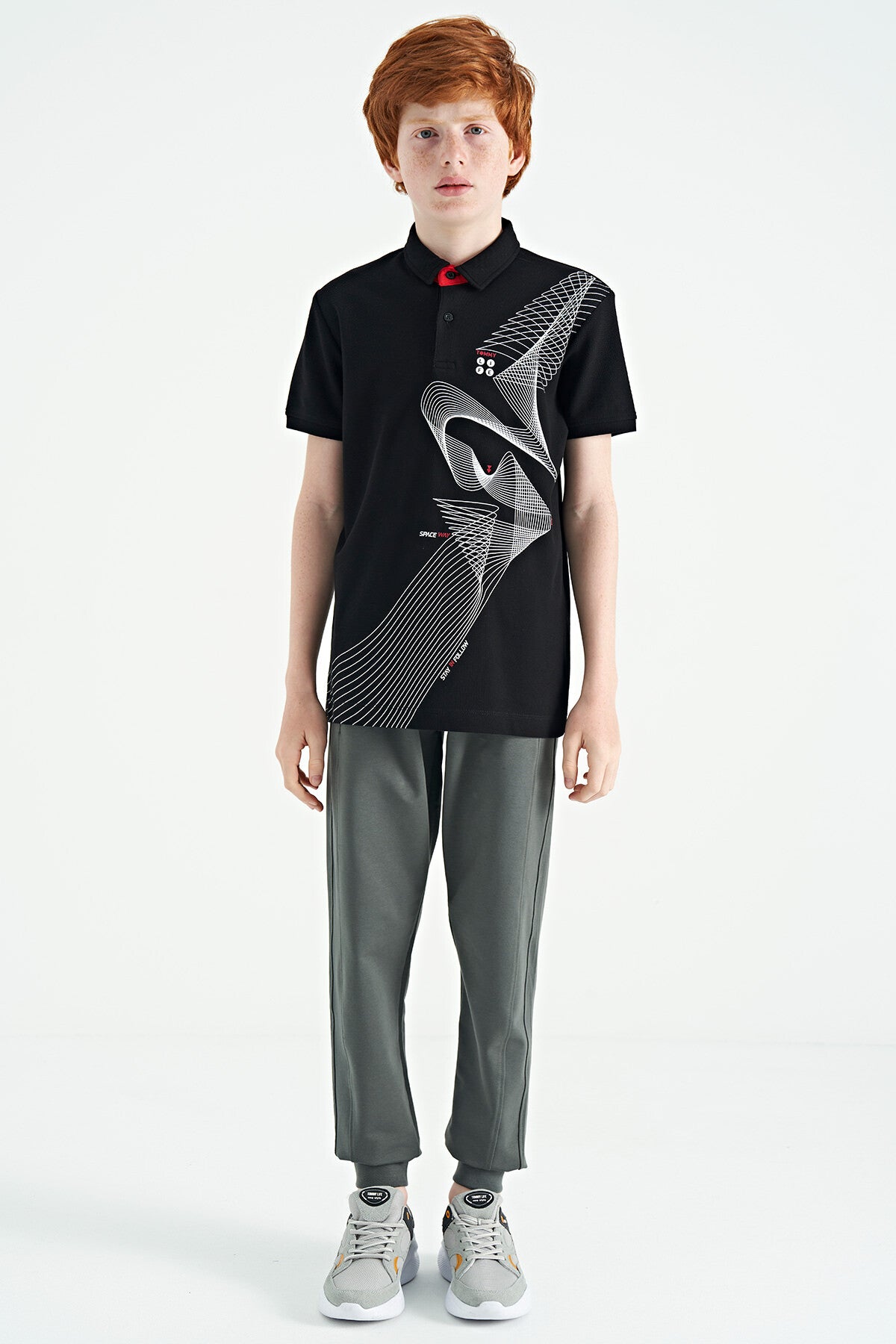 Siyah Baskı Detaylı Standart Kalıp Polo Yaka Erkek Çocuk T-Shirt - 11164