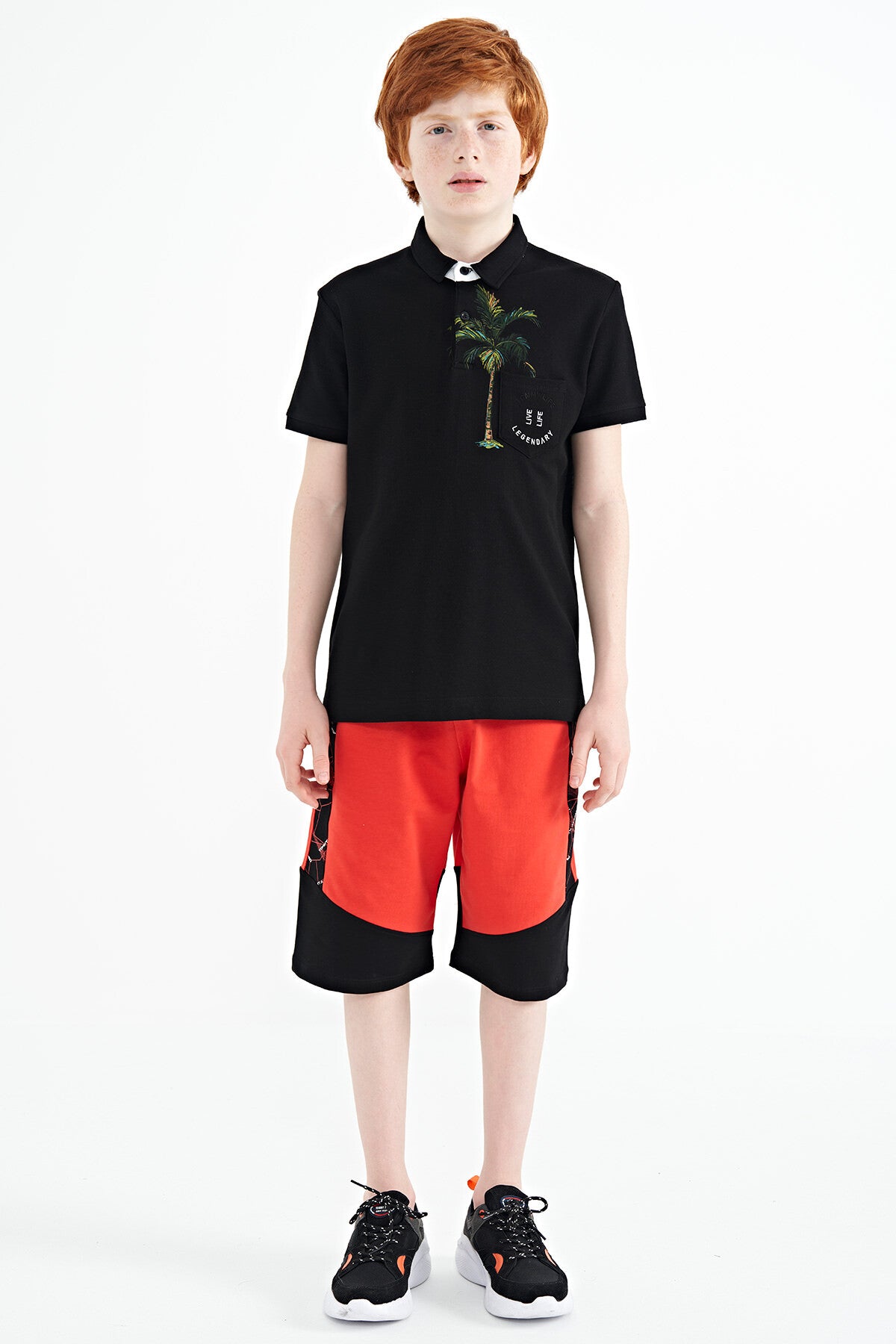 Siyah Baskılı Cep Detaylı Standart Kalıp Polo Yaka Erkek Çocuk T-Shirt - 11144