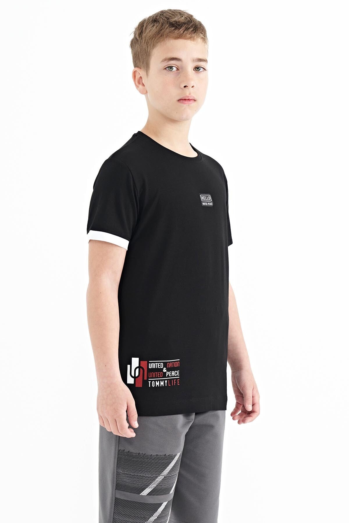 Siyah Baskılı Standart Kalıp O Yaka Erkek Çocuk T-Shirt - 11097