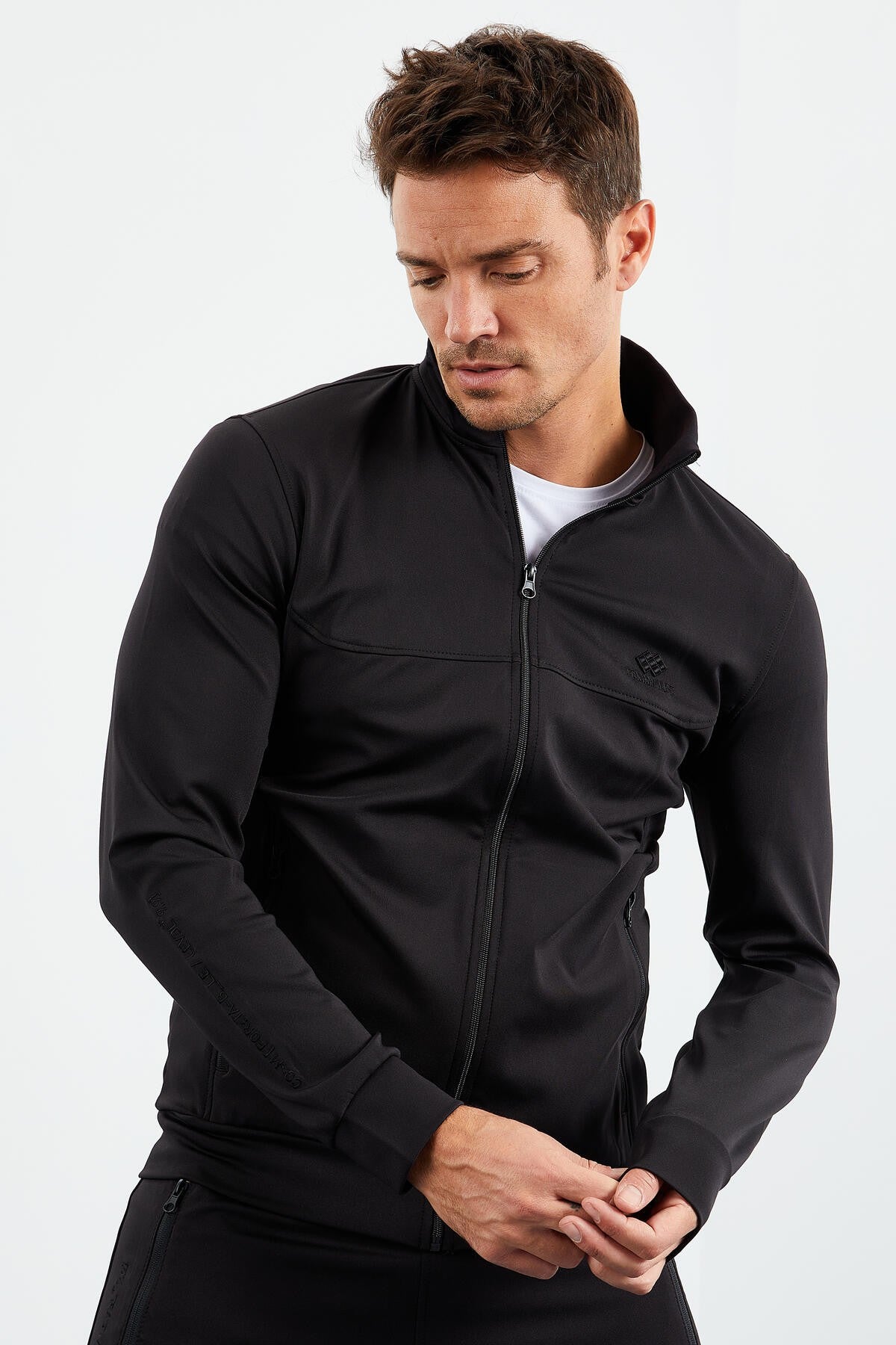 Siyah Dik Yaka Fermuarlı Standart Kalıp Manşetli Erkek Eşofman Takım - 85160