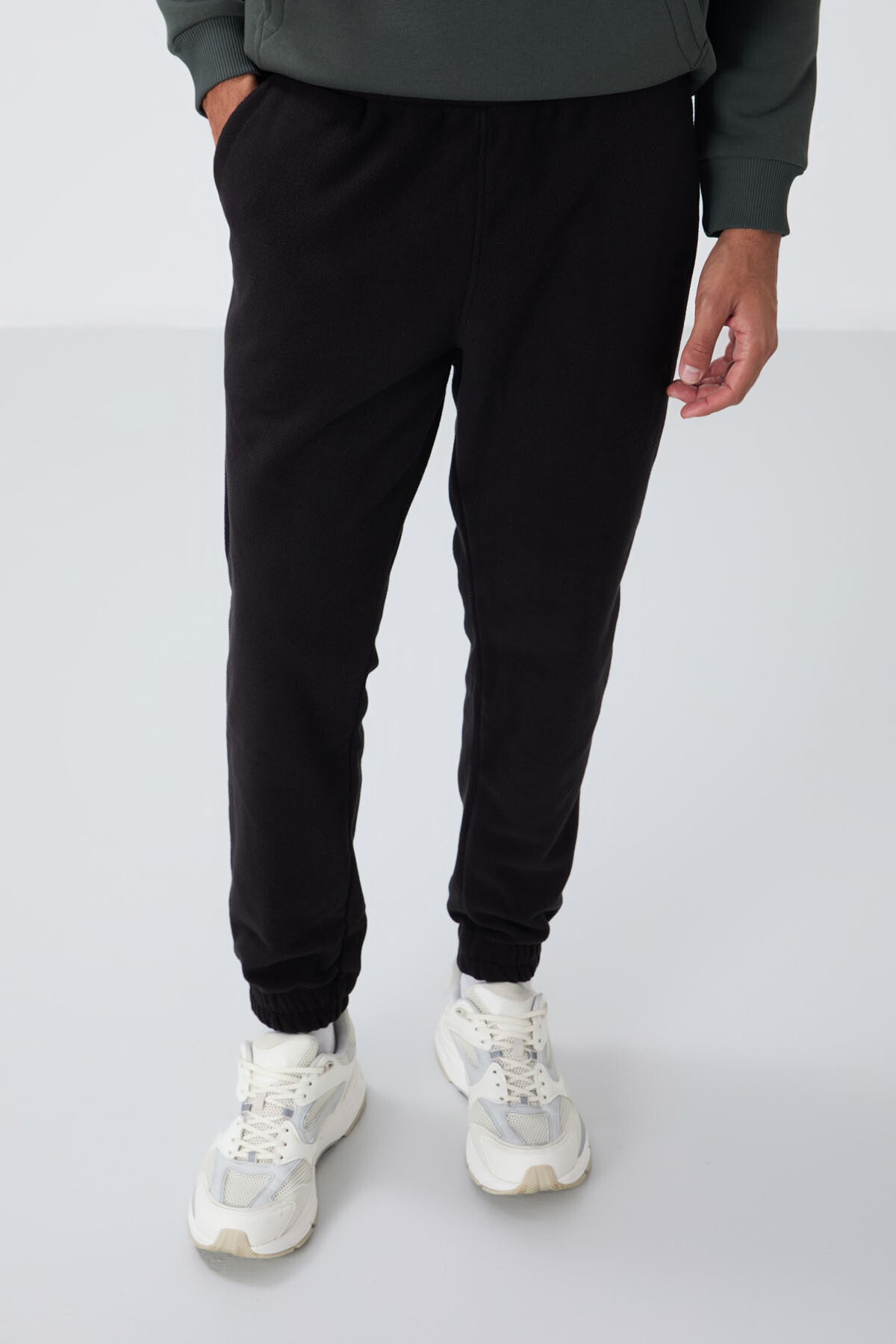Siyah Gizli Fermuarlı Rahat Form Jogger Polar Erkek Eşofman Alt - 84866