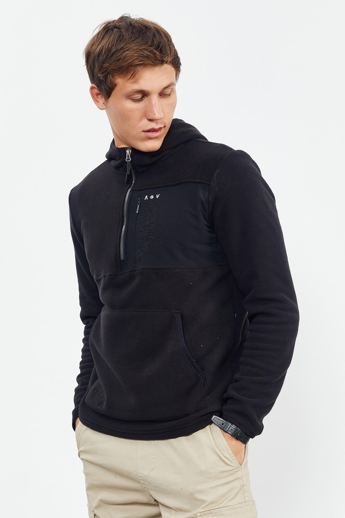 Siyah Nakışlı Yarım Fermuar Kapüşonlu Standart Kalıp Erkek Polar Sweatshirt - 87996