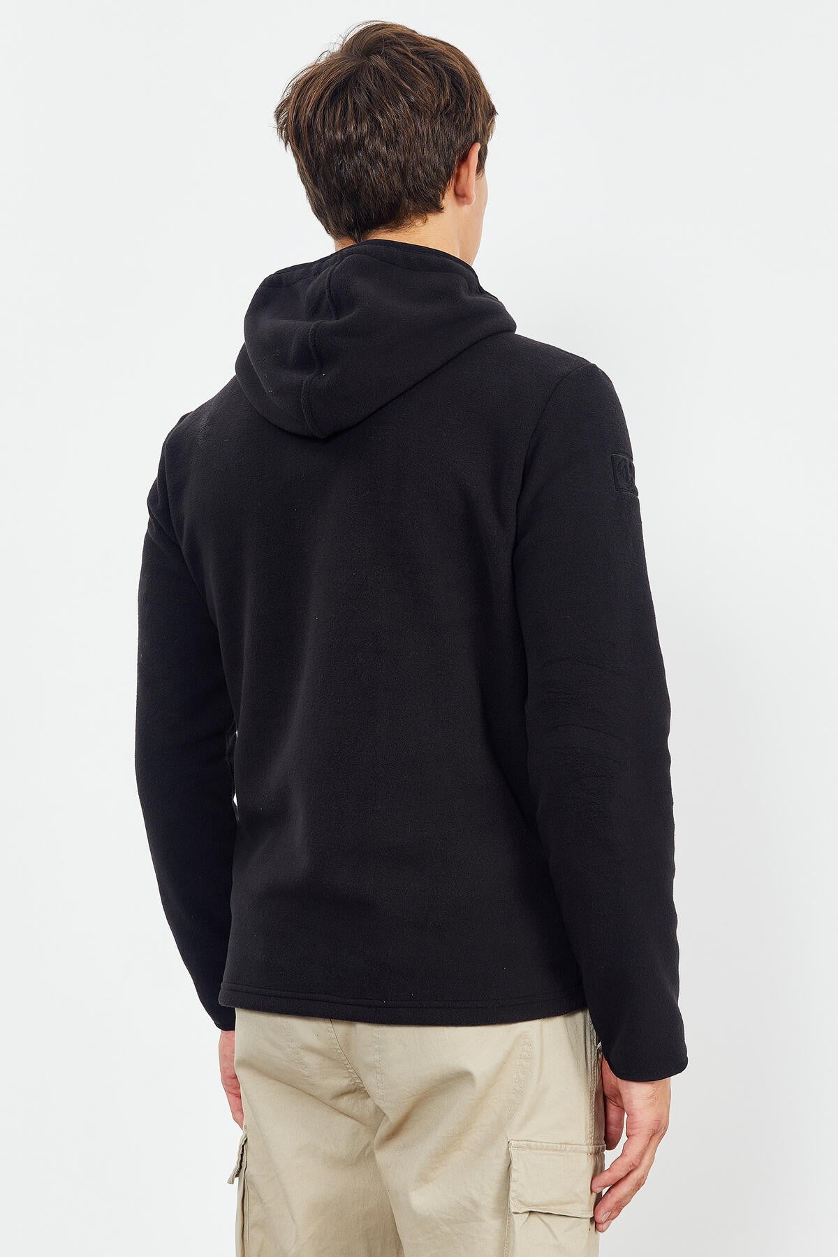 Siyah Nakışlı Yarım Fermuar Kapüşonlu Standart Kalıp Erkek Polar Sweatshirt - 87996