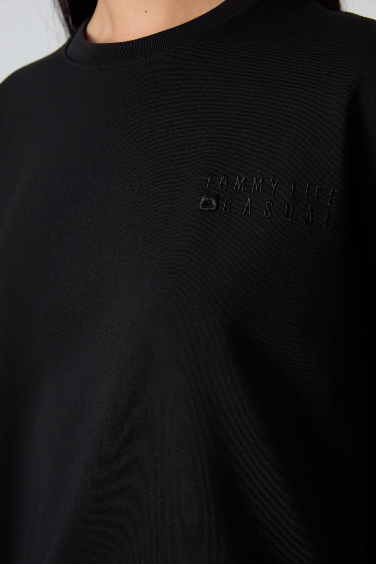 Siyah Basic Pamuklu O Yaka Oversize Lastik Paça Kadın Eşofman Takım - 95287