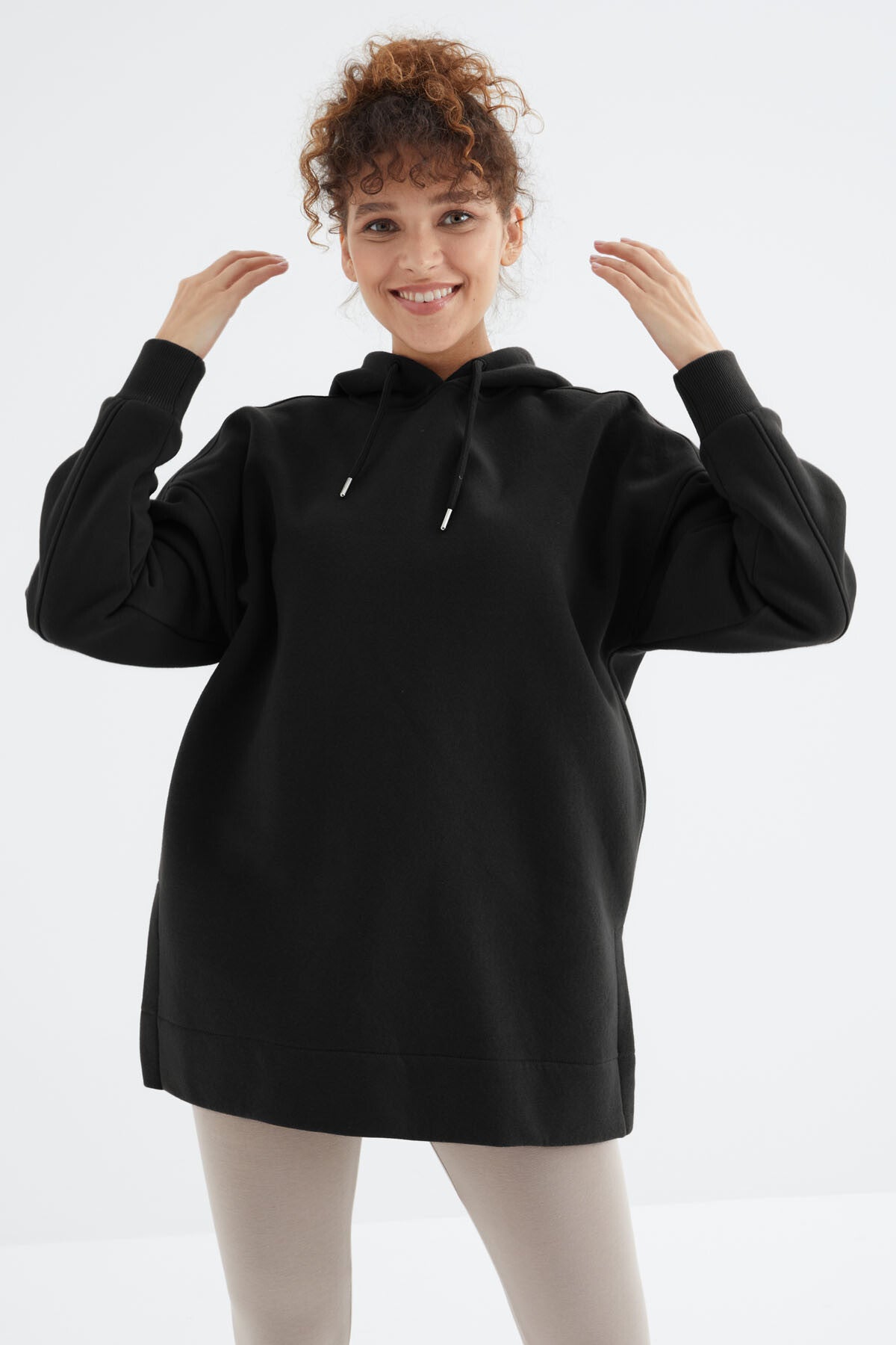 Siyah Reglan Kol Basic Kapüşonlu Oversize Sweatshirt Tunik - 97242