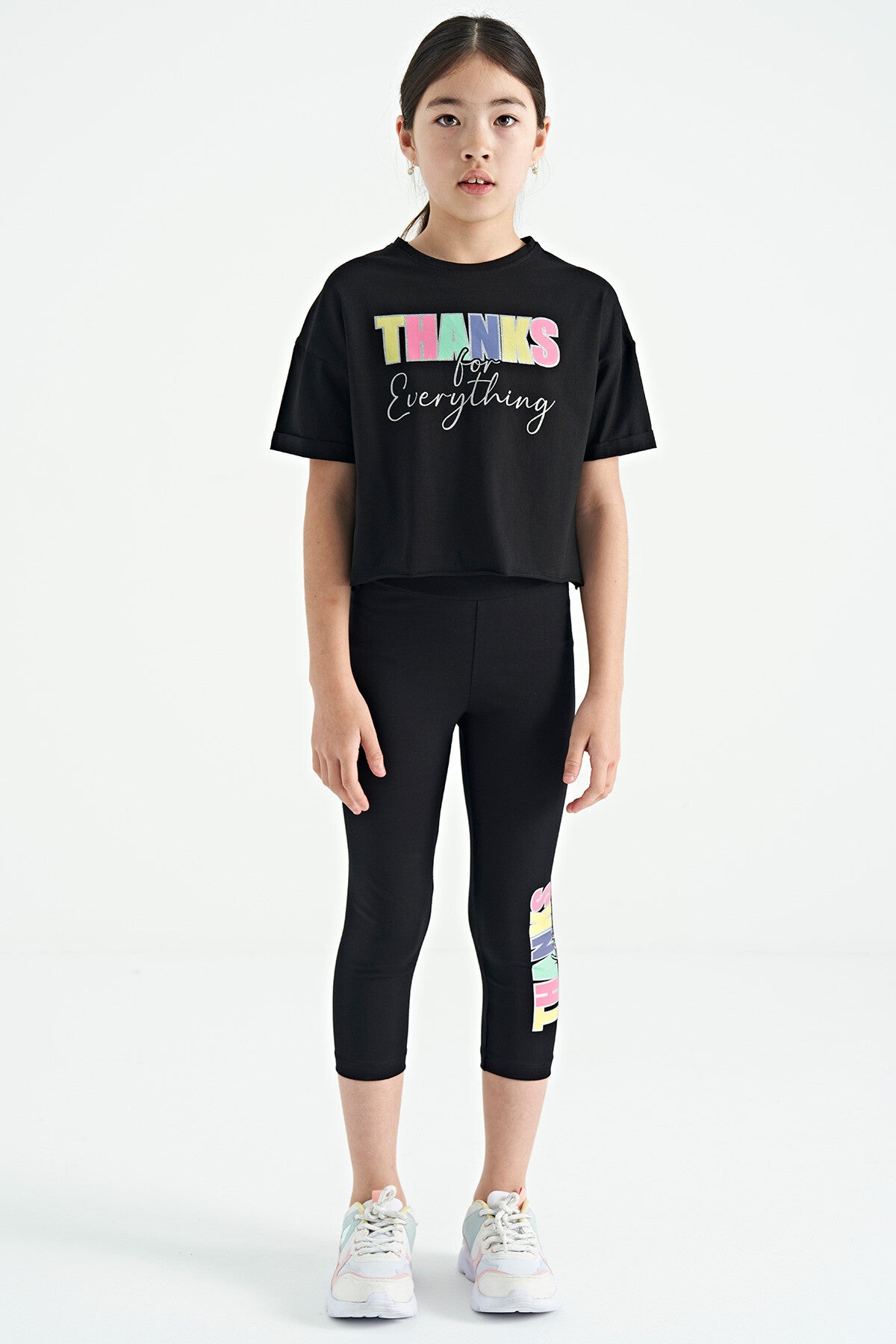 Siyah Yazı Baskılı Oversize Kız Çocuk Crop Tayt Takım - 75133