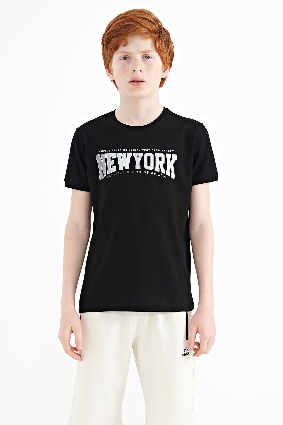 Siyah Yazı Baskılı Standart Kalıp O Yaka Erkek  Çocuk T-Shirt - 11105