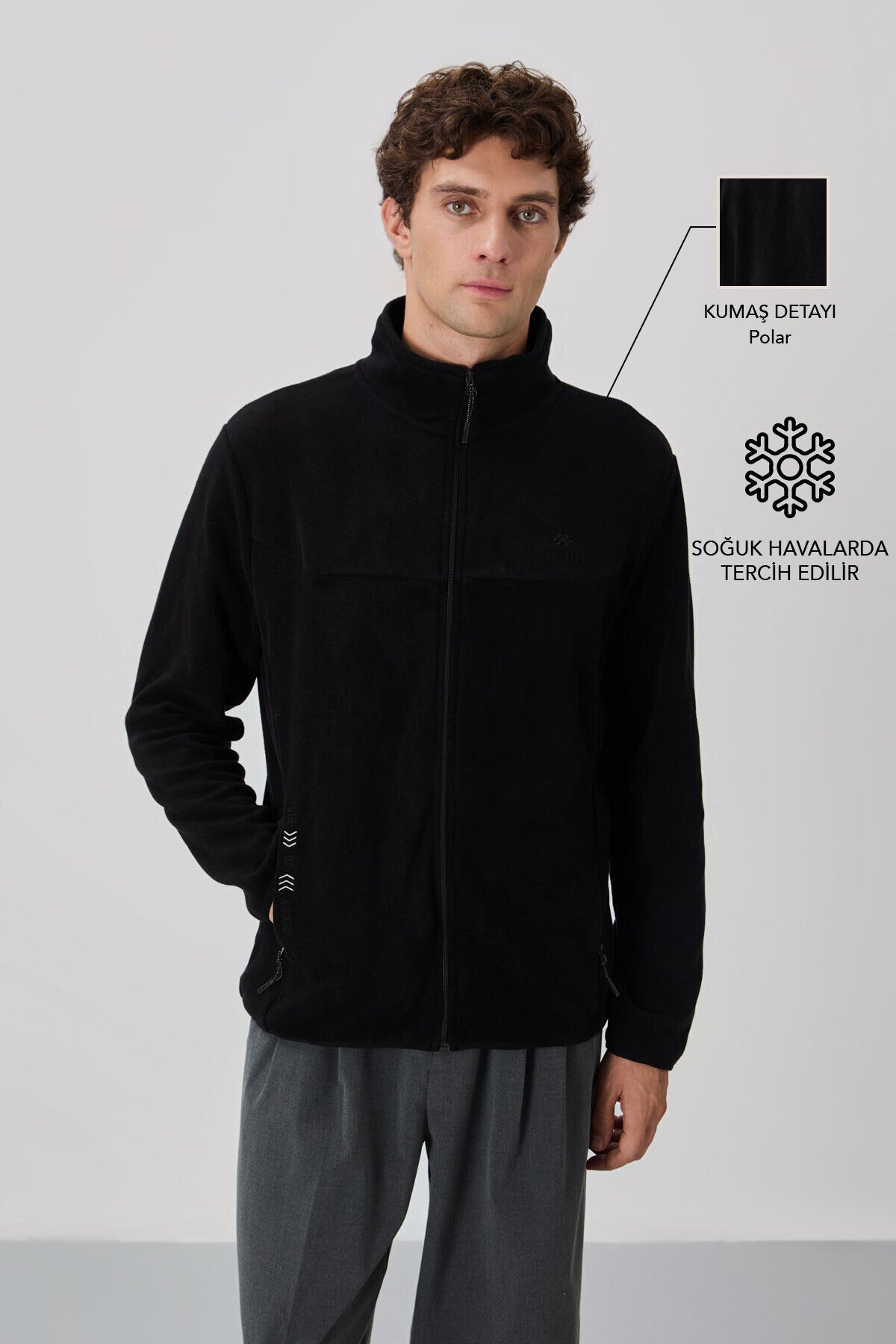 Siyah Yazı Nakışlı Dik Yaka Fermuarlı Standart Kalıp Erkek Sweatshirt Polar - 87992