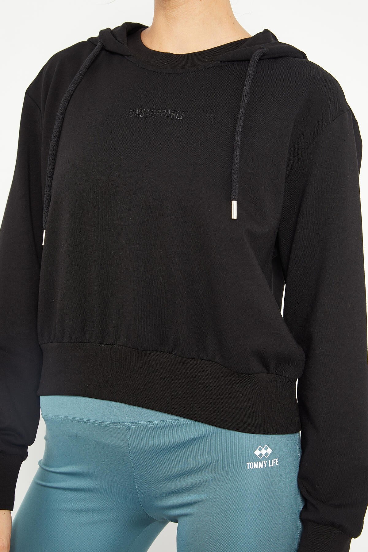Siyah Yazı Nakışlı Kapüşonlu Kadın Oversize Sweatshirt - 97169