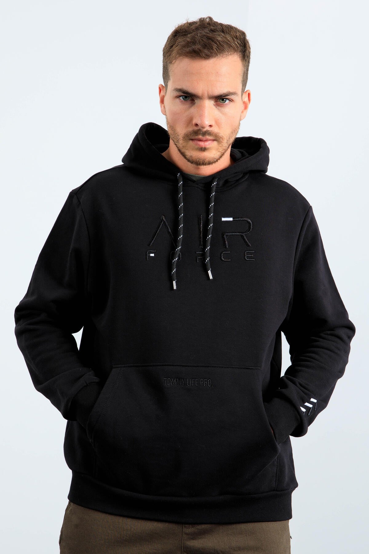 Siyah Yazı Nakışlı Standart Kalıp Kapüşonlu Erkek Sweatshirt - 87838