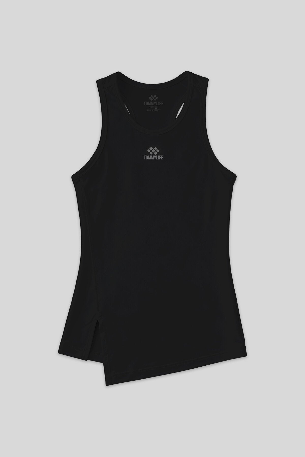 Siyah Yırtmaç Detaylı O Yaka Sıfır Kollu Standart Kalıp Kadın Spor Atlet - 97256